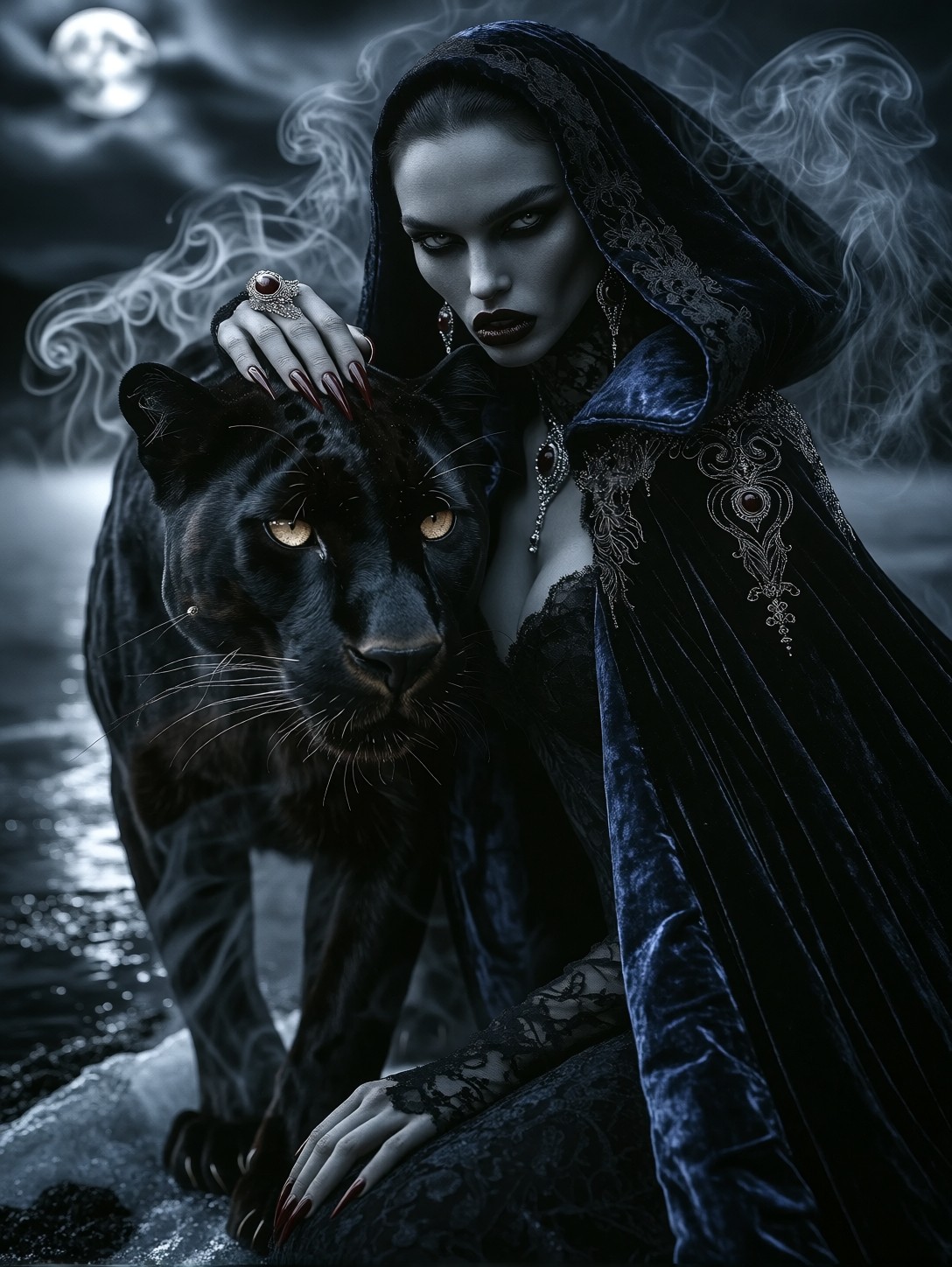 Seductive Woman With Panther On Frozen Shore — AI generated image