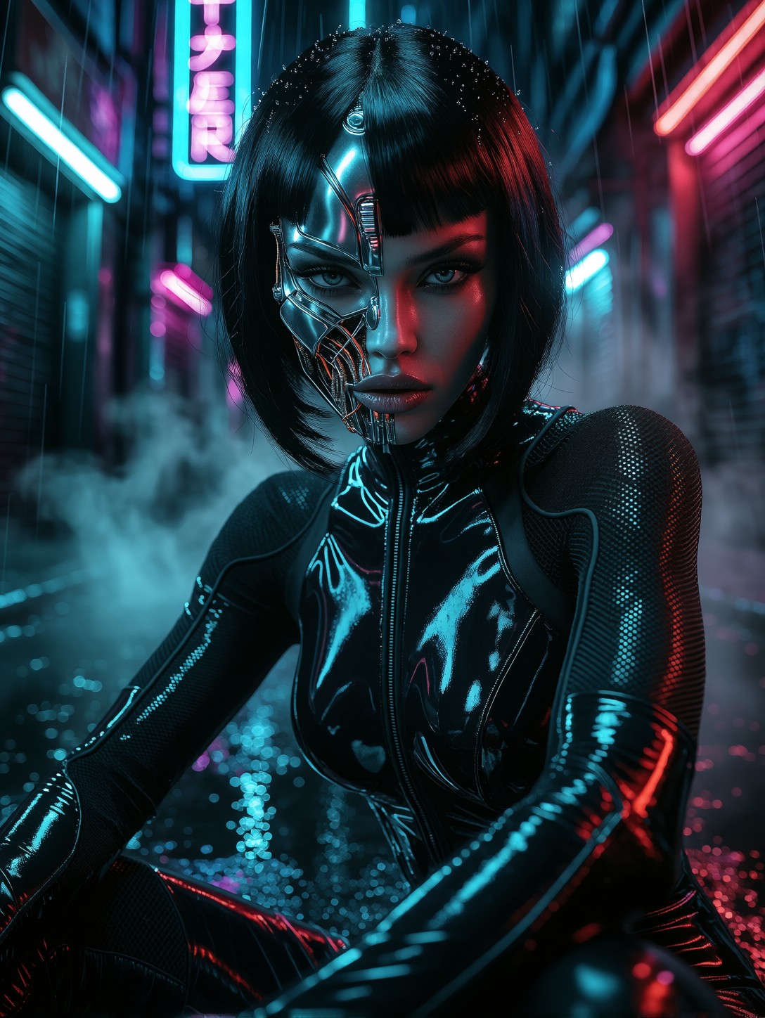 Synth-Human Woman in Neon-Lit Alley — AI generated image