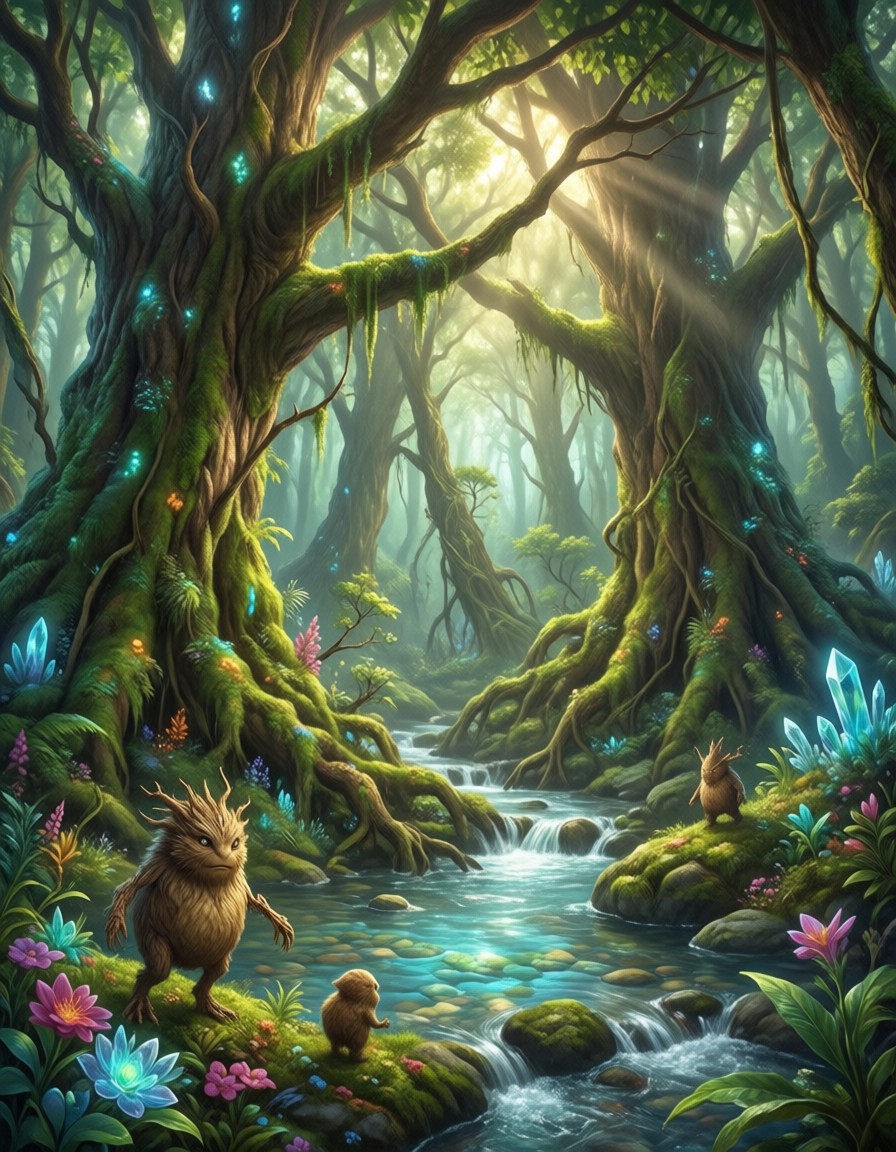 Enchanted Forest with Spirits and Crystal Stream — AI generated image