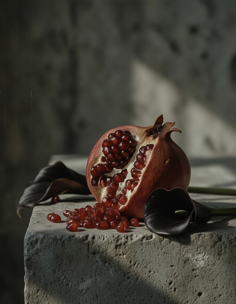 Cracked Pomegranate and Calla Lily on Concrete — AI generated image