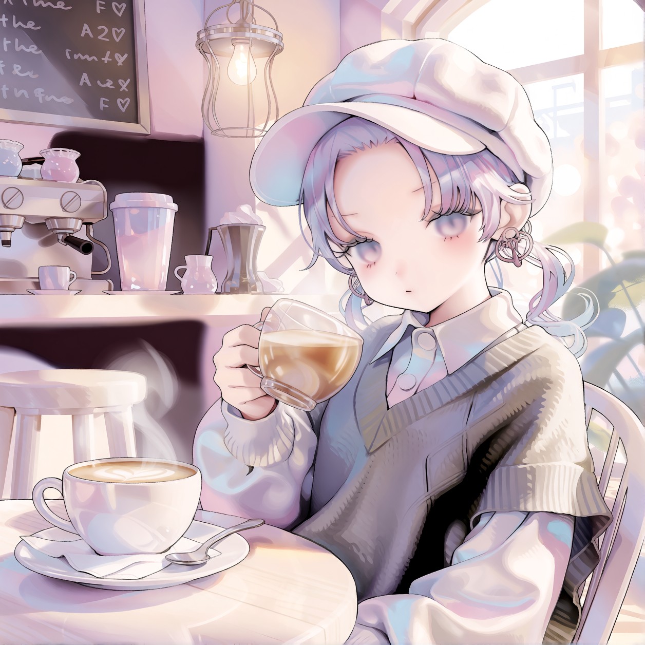 Stylish Anime Character in Cozy Cafe — AI generated image