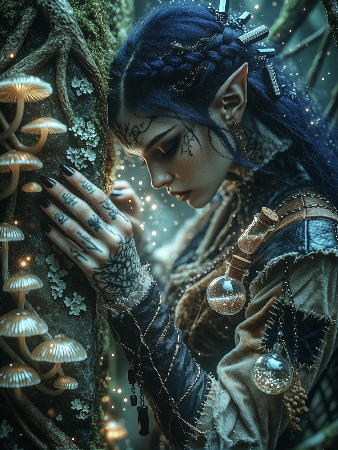 Mystical Dark Elf Alchemist Resting On Stone — AI generated image