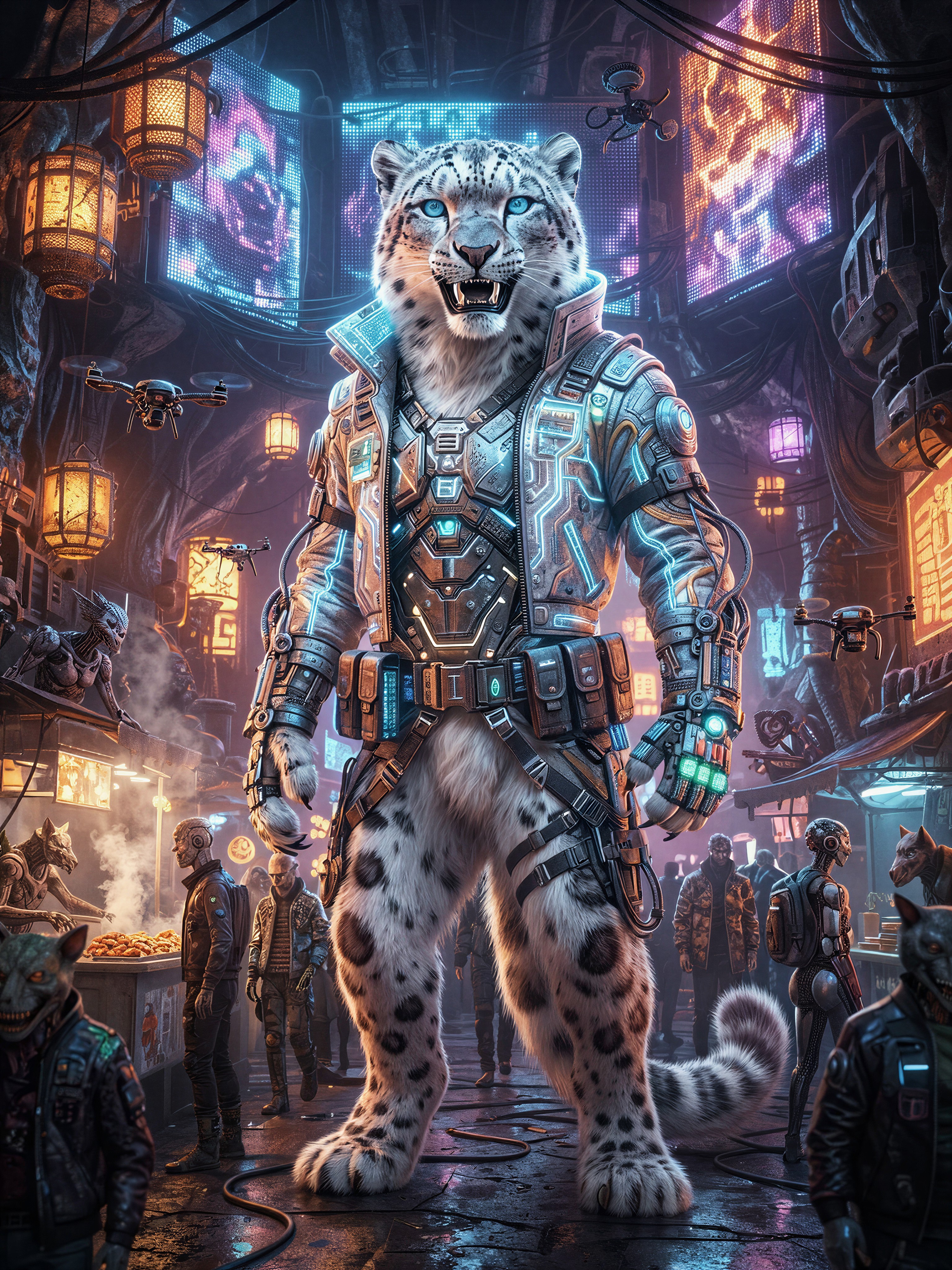 Cyberpunk Snow Leopard Mercenary in Neon Underground Market — AI generated image