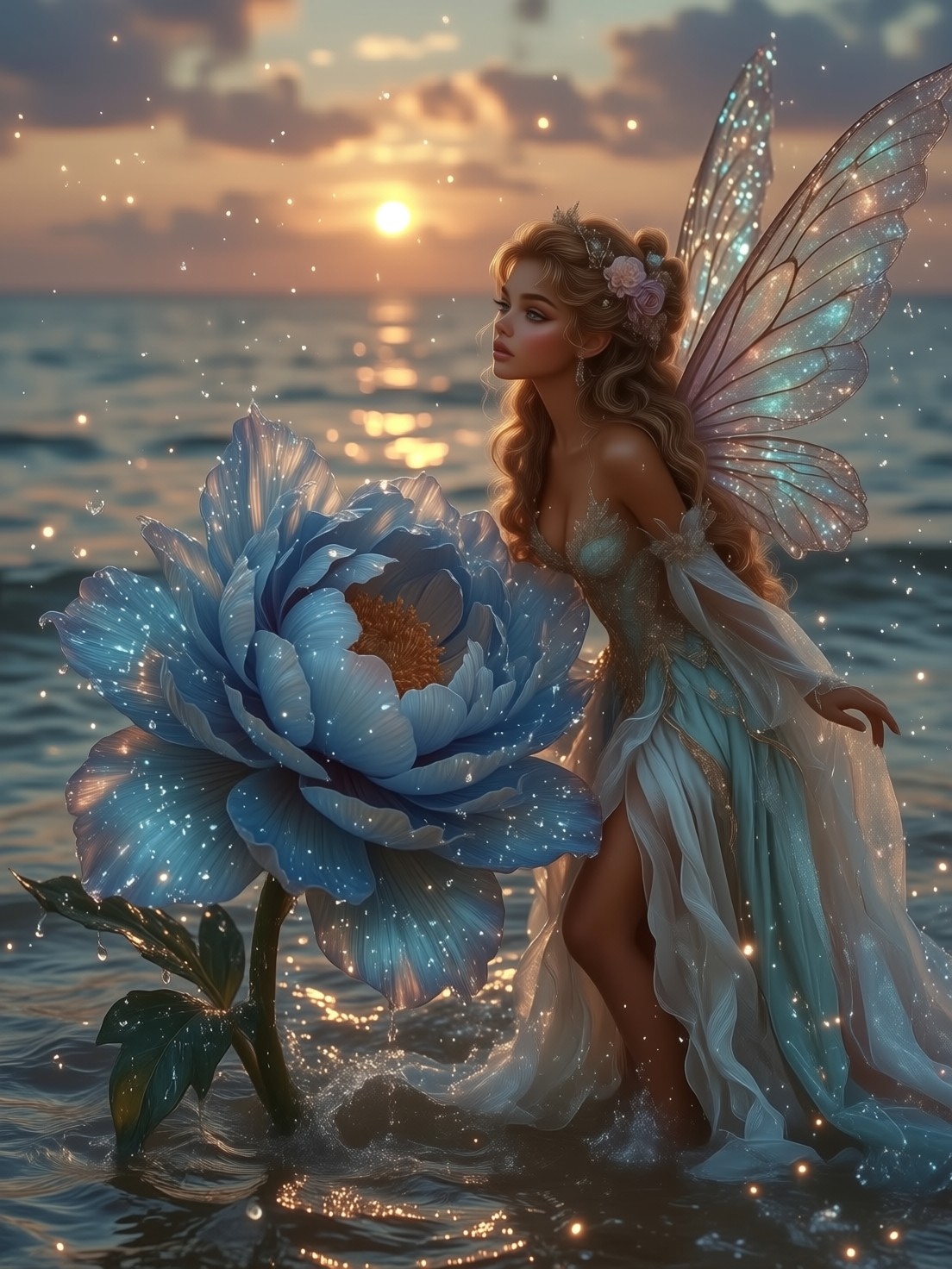 Ethereal Fairy with Blue Bloom at Sunset — AI generated image