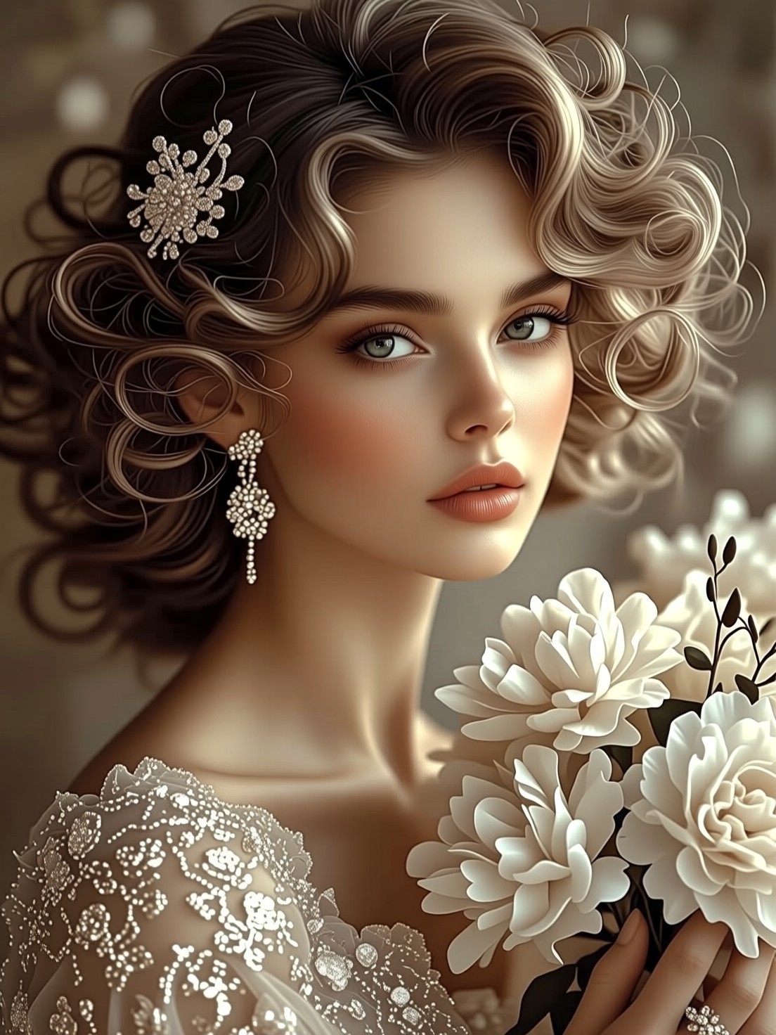 Glamorous Elegant Portrait with White Flowers and Soft Lighting — AI generated image