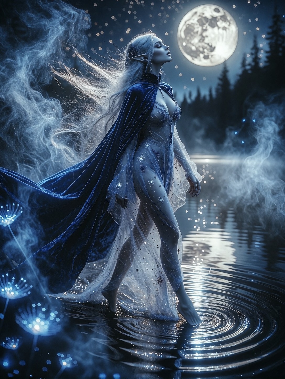 Moon Elf Priestess Walking Across Moonlit Lake — AI generated image