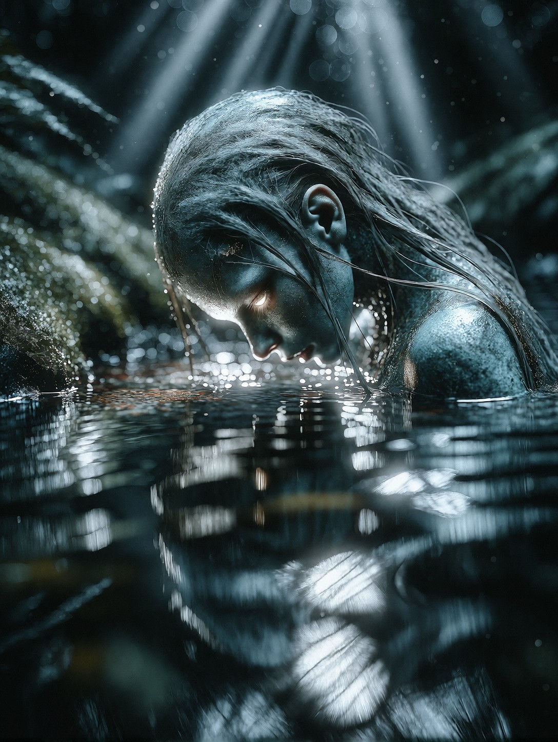 Ethereal Nixie In Moonlit Forest Pond — AI generated image