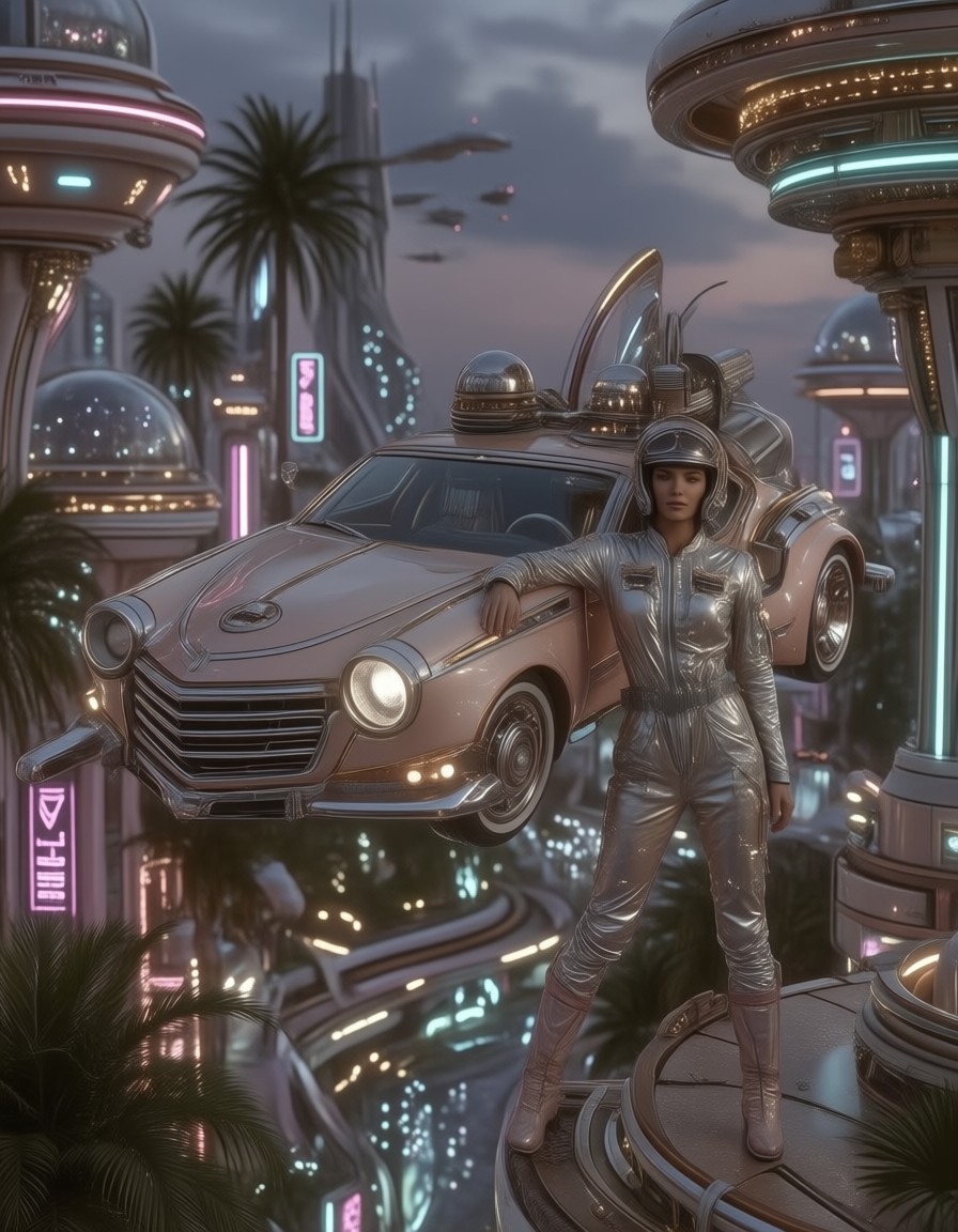 Retro Futuristic Flying Car Over Neon Cityscape — AI generated image