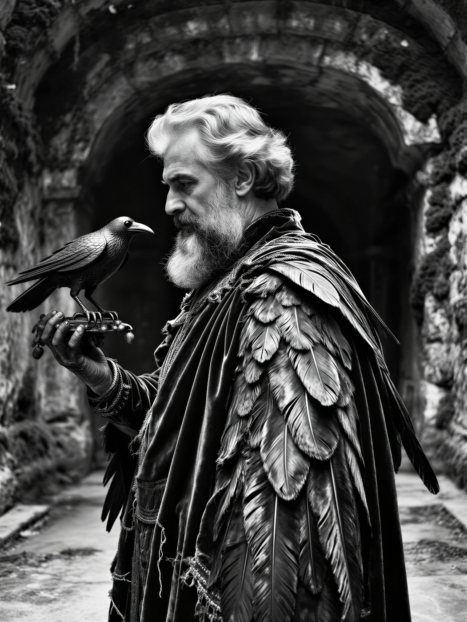Majestic Man with Mechanical Raven in Catacombs — AI generated image