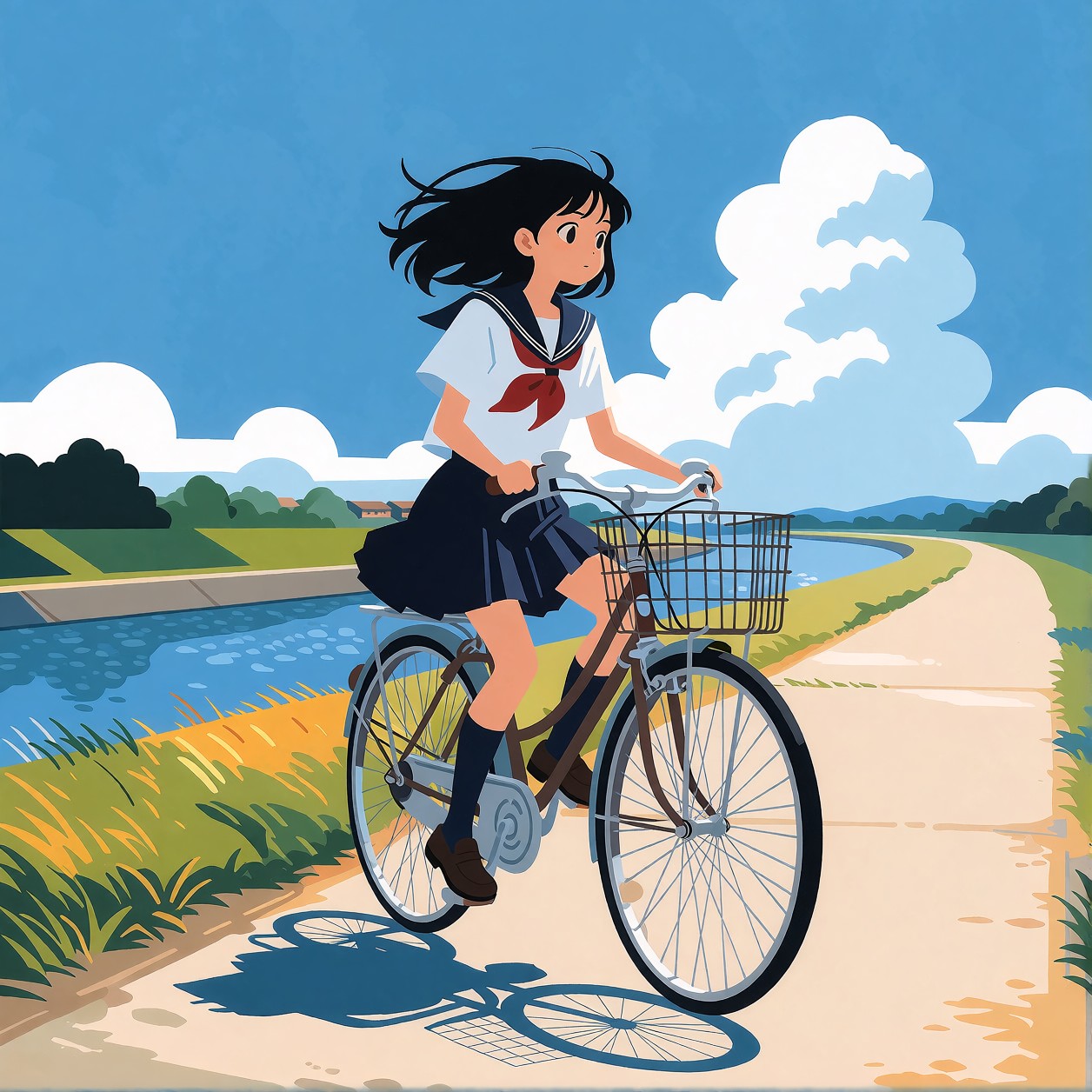 Anime Girl on Riverside Bicycle — AI generated image