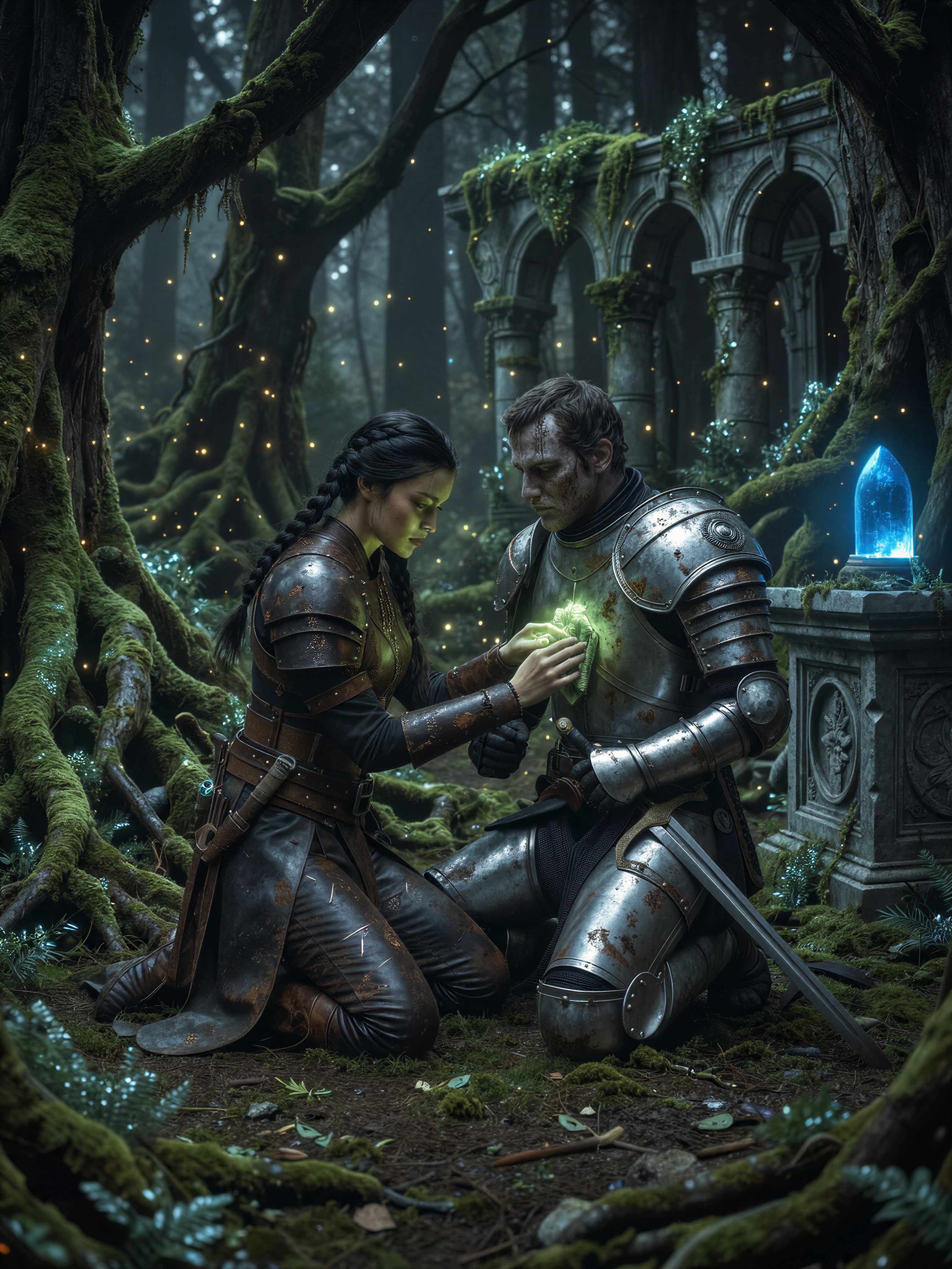 Moonlit Warrior Tending Wounded Knight — AI generated image