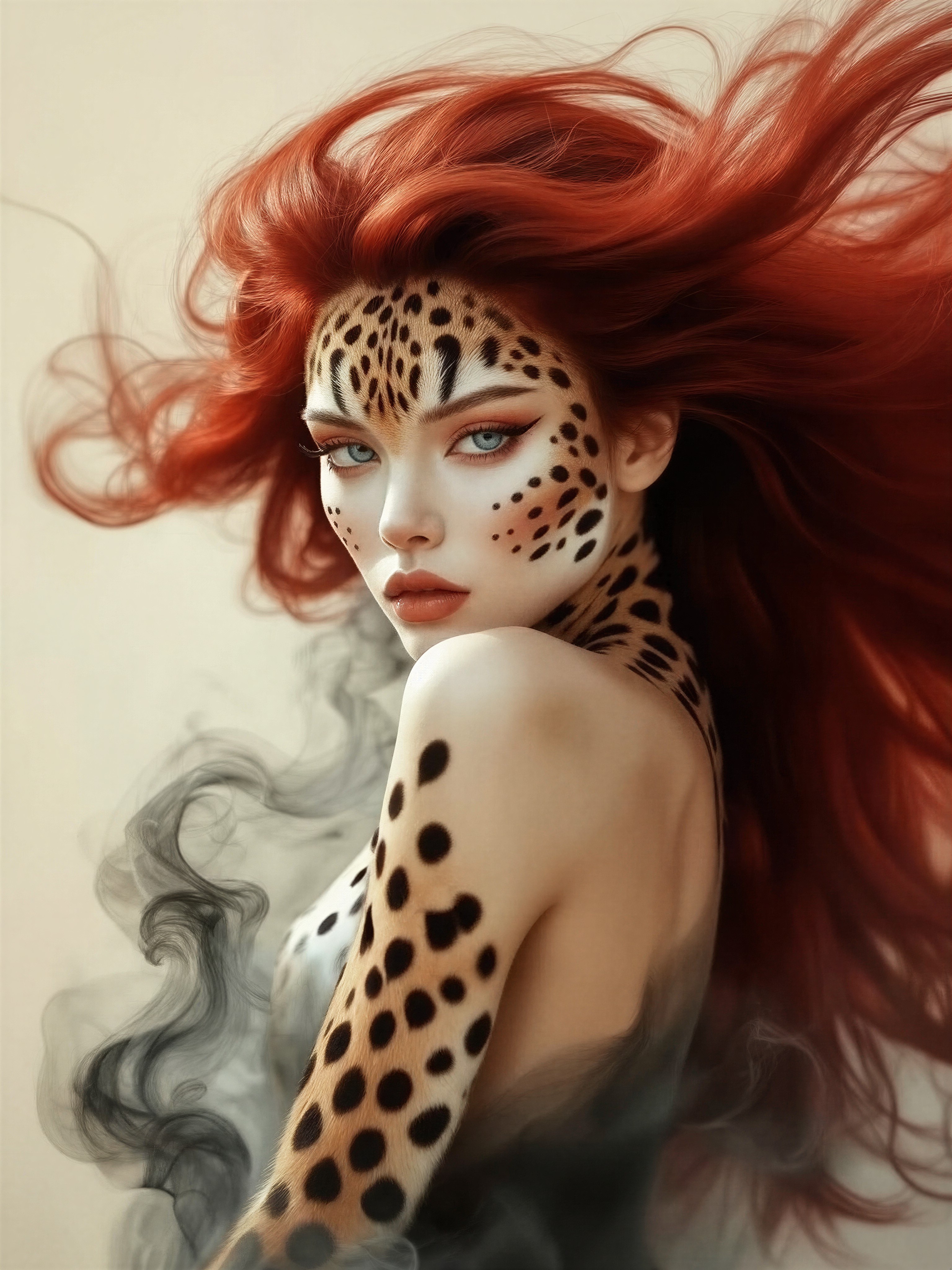Cheetah-Inspired Femme with Crimson Hair and Leopard Spots — AI generated image