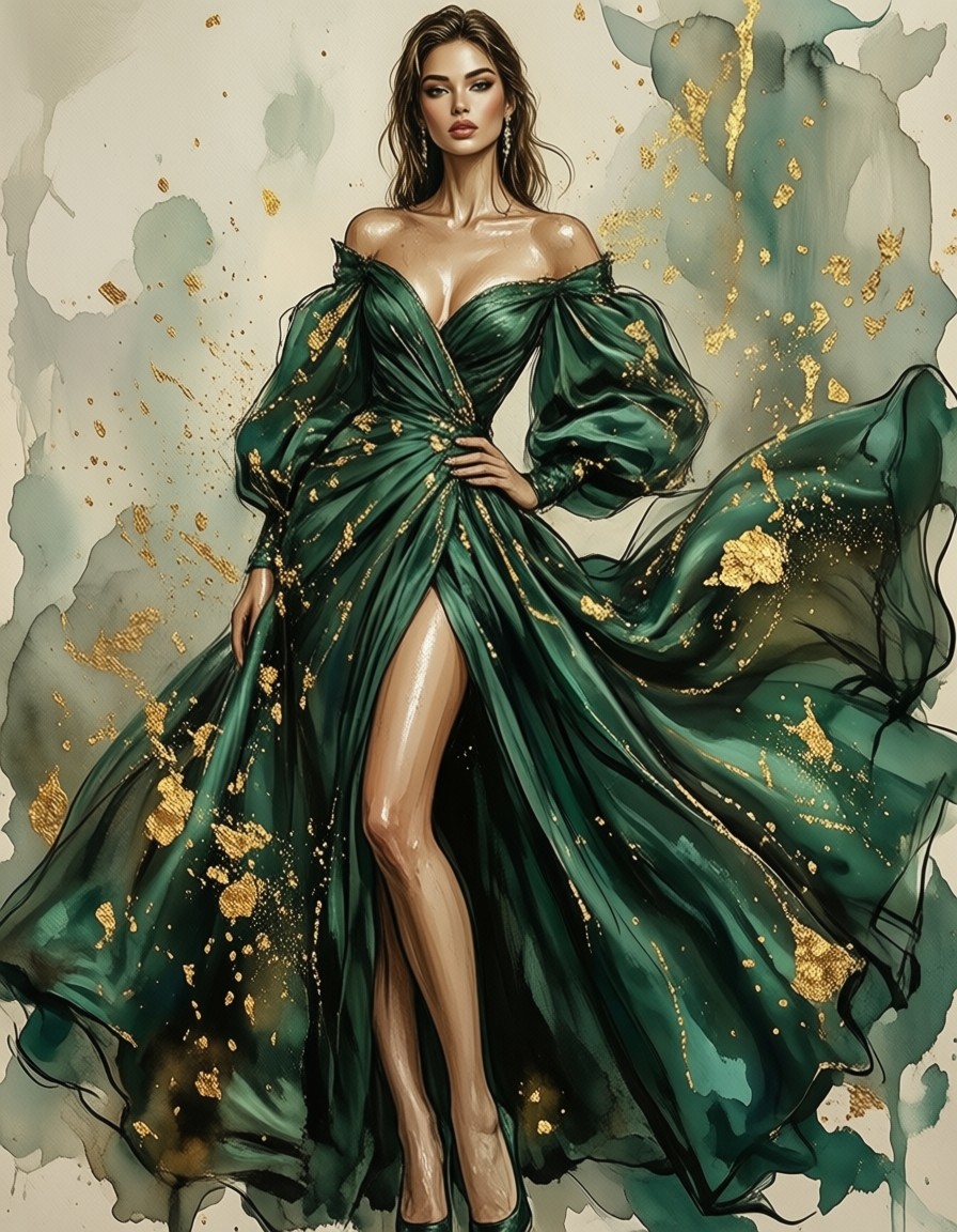 Emerald Silk Dress with Watercolor and Gold — AI generated image
