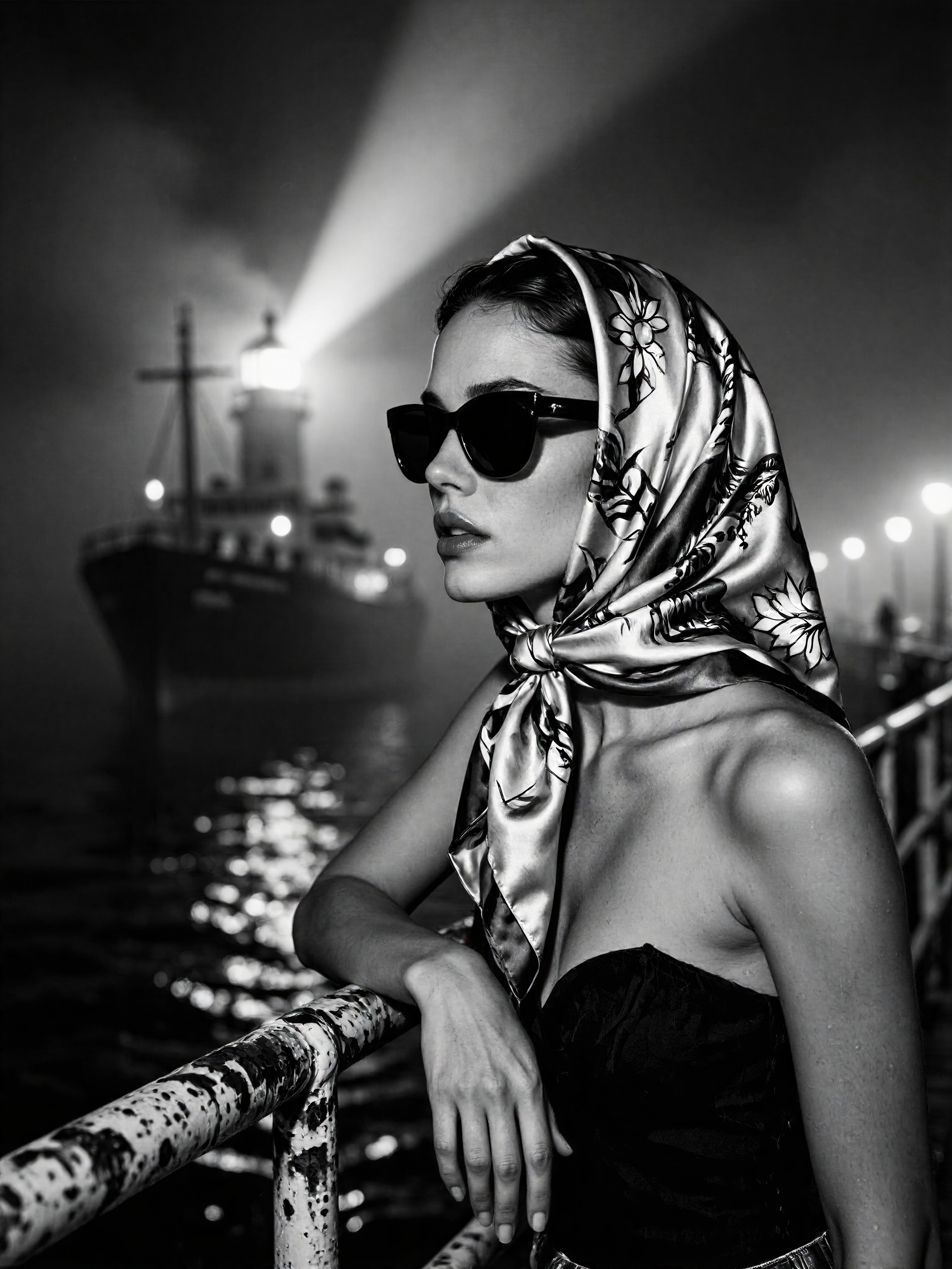 Noir Style Portrait at Foggy Harbor — AI generated image