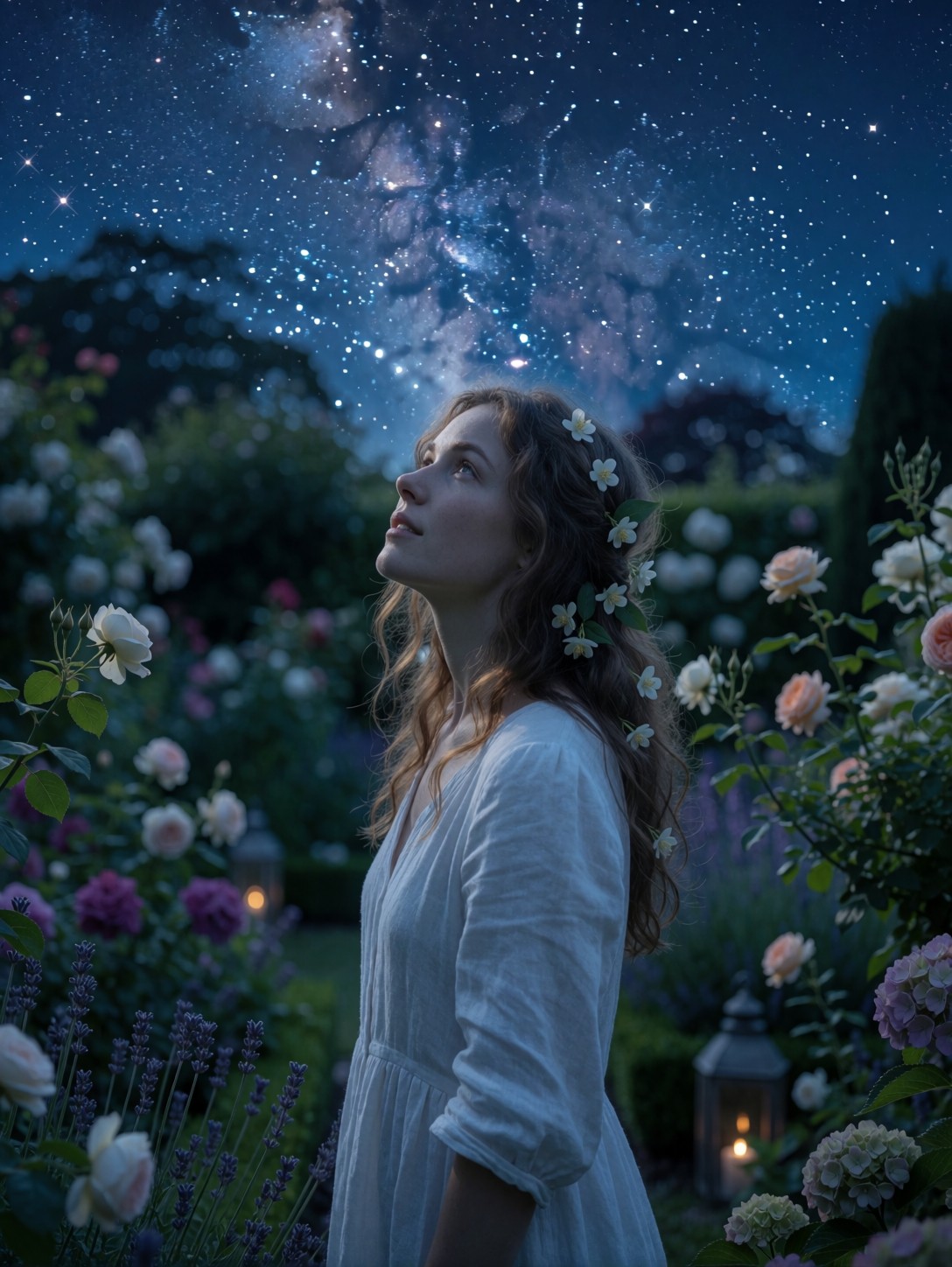 Serene Young Woman Under Starlit Garden Sky — AI generated image