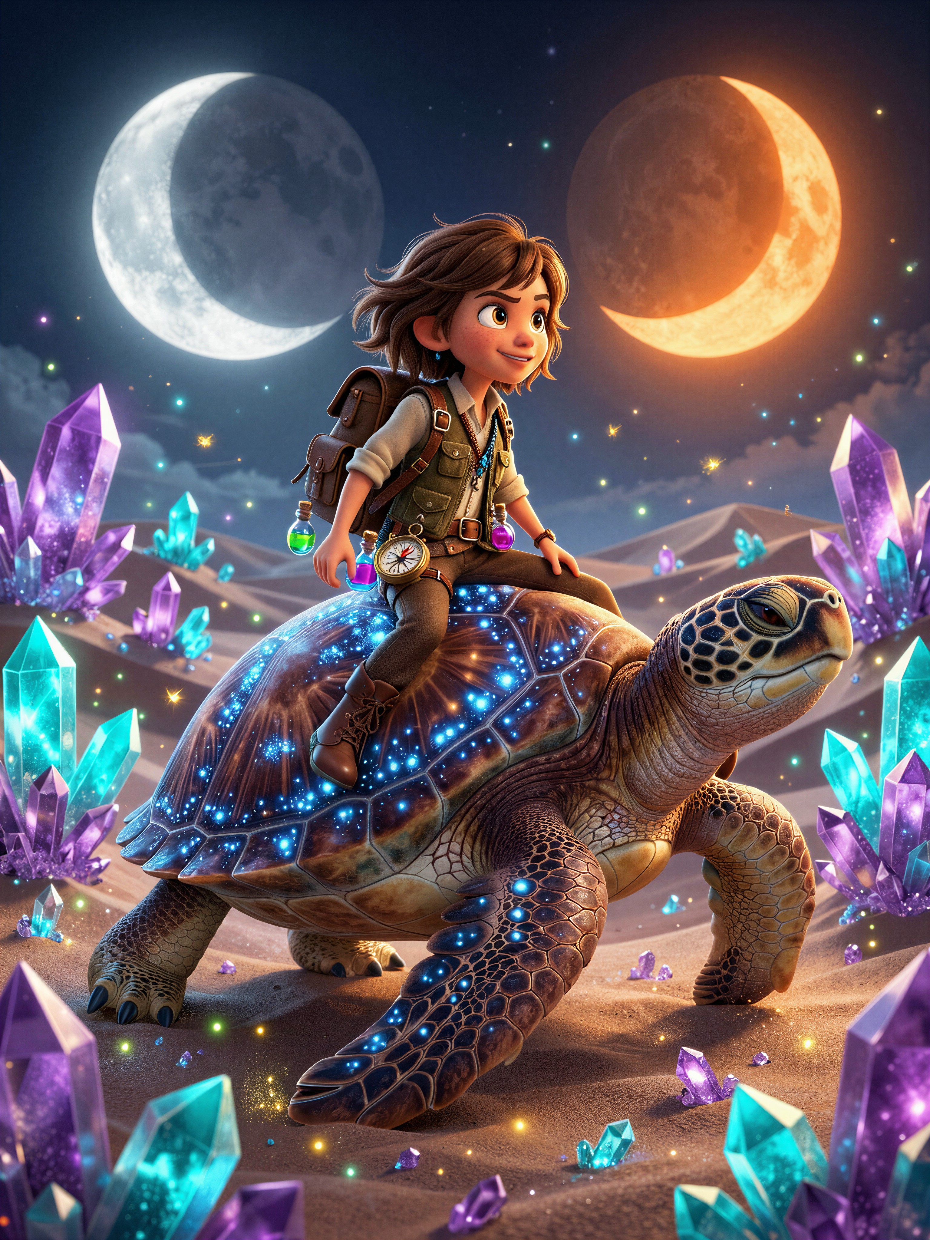 Brave Girl on Giant Turtle in Crystal Desert — AI generated image
