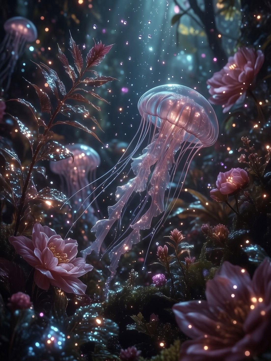 Bioluminescent Underwater Forest with Ethereal Jellyfish — AI generated image