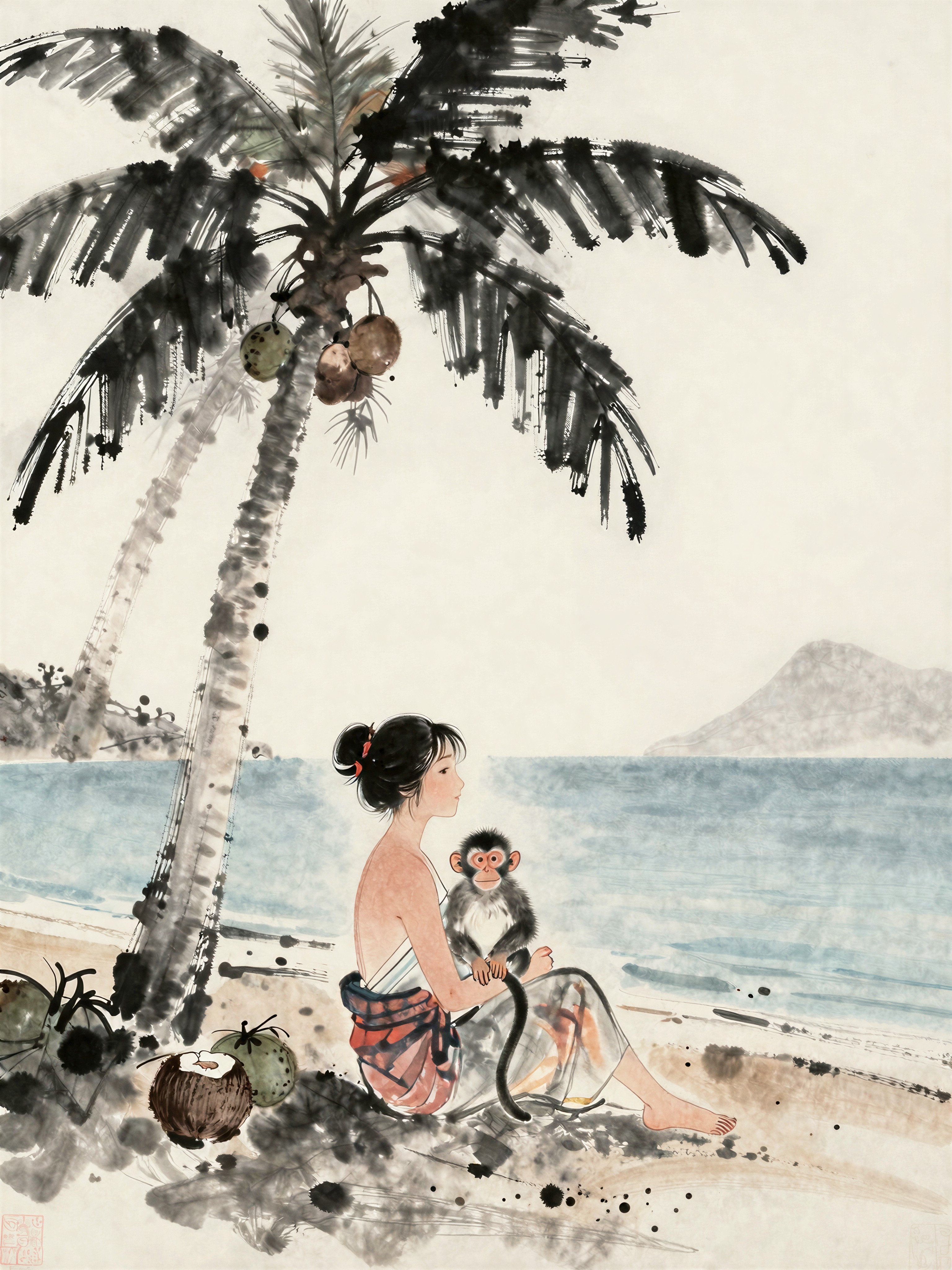 Isolated Island Woman with Monkey — AI generated image