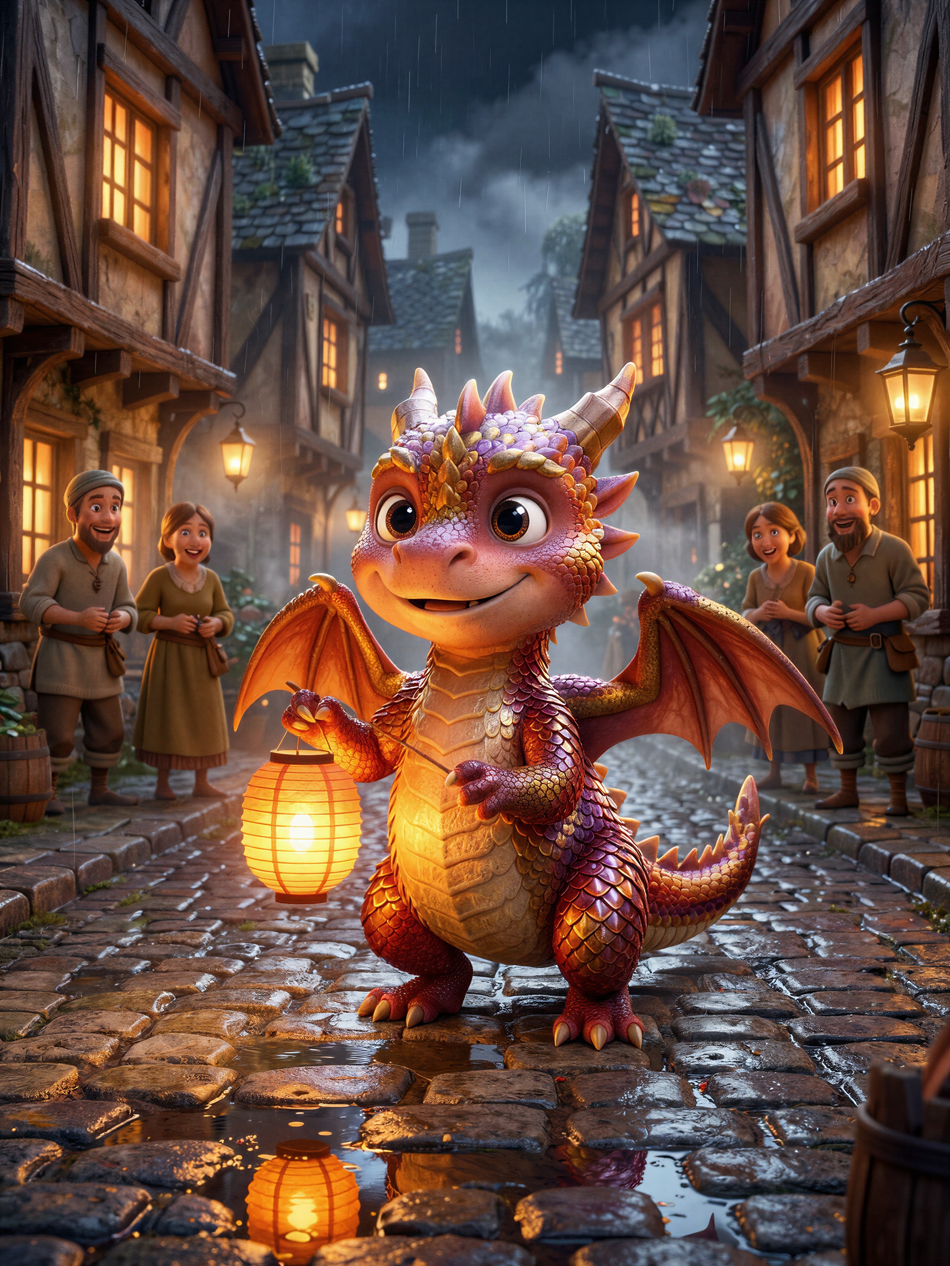 Chubby Dragon Delivers Lanterns in Rainy Village — AI generated image