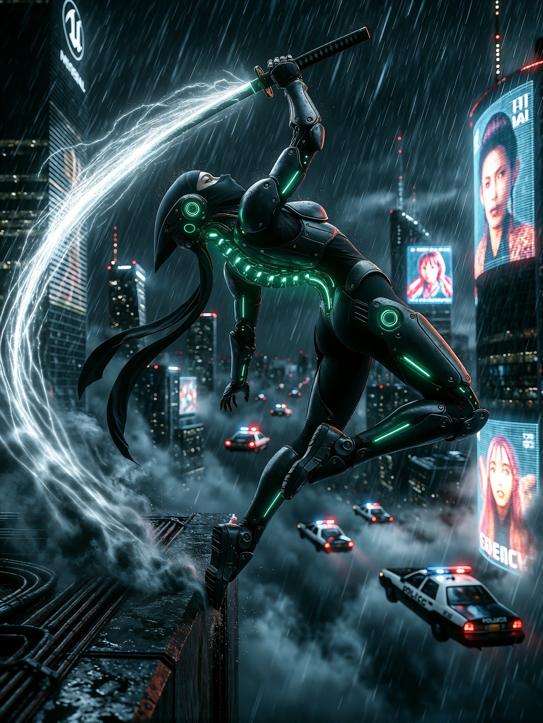 Cyberpunk Ninja Midair Katana Leap — AI generated image