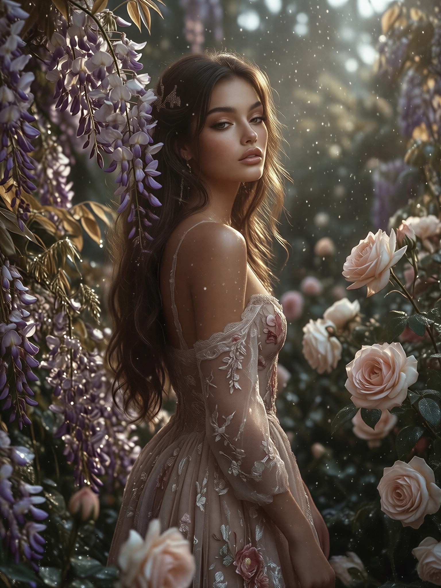 Misty Sunrise Garden Girl in Vintage Lace Dress — AI generated image