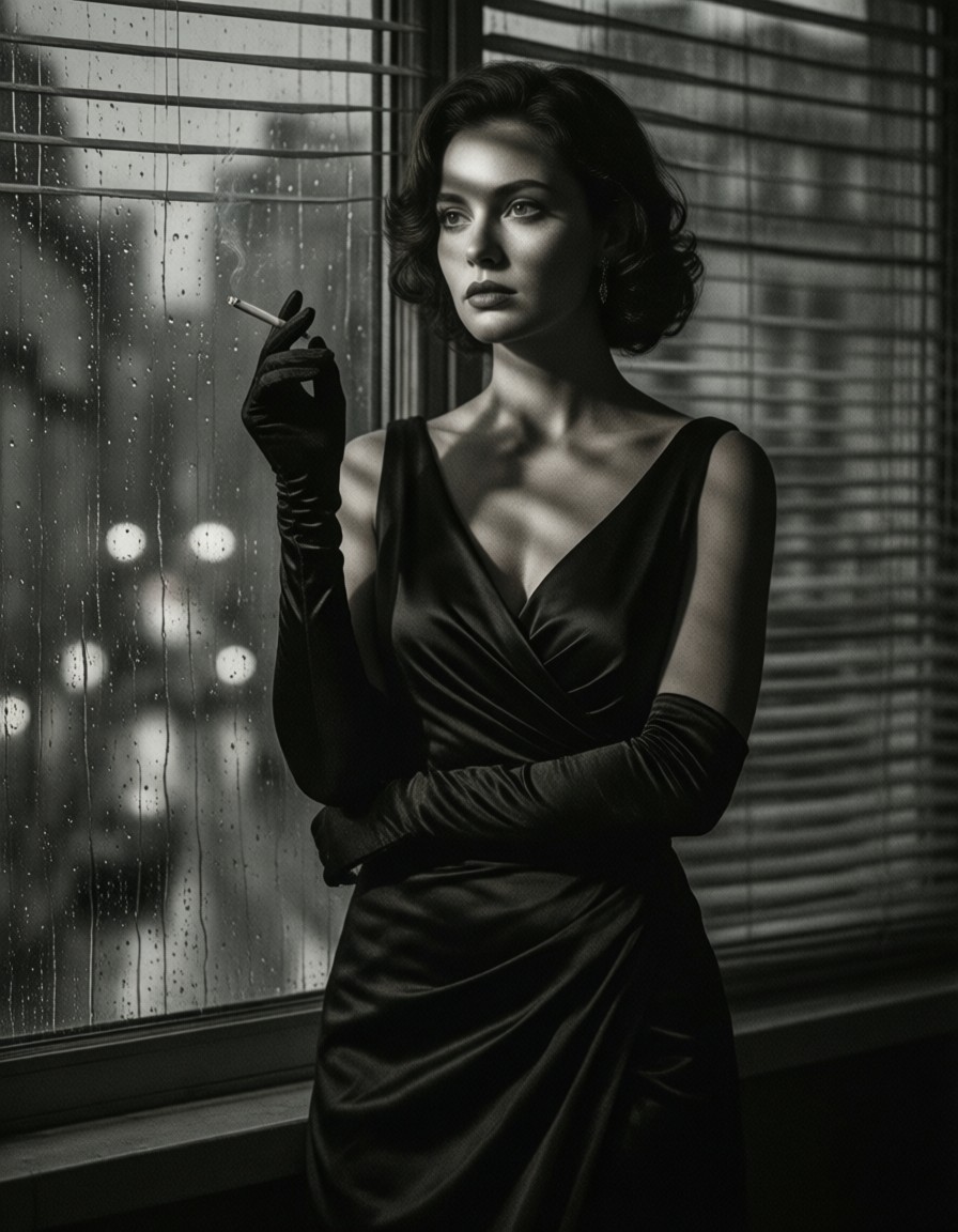 Femme Fatale in Rainlit Window — AI generated image