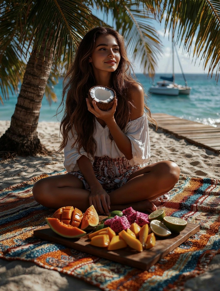 Cinematic Beach Portrait with Fruits — AI generated image