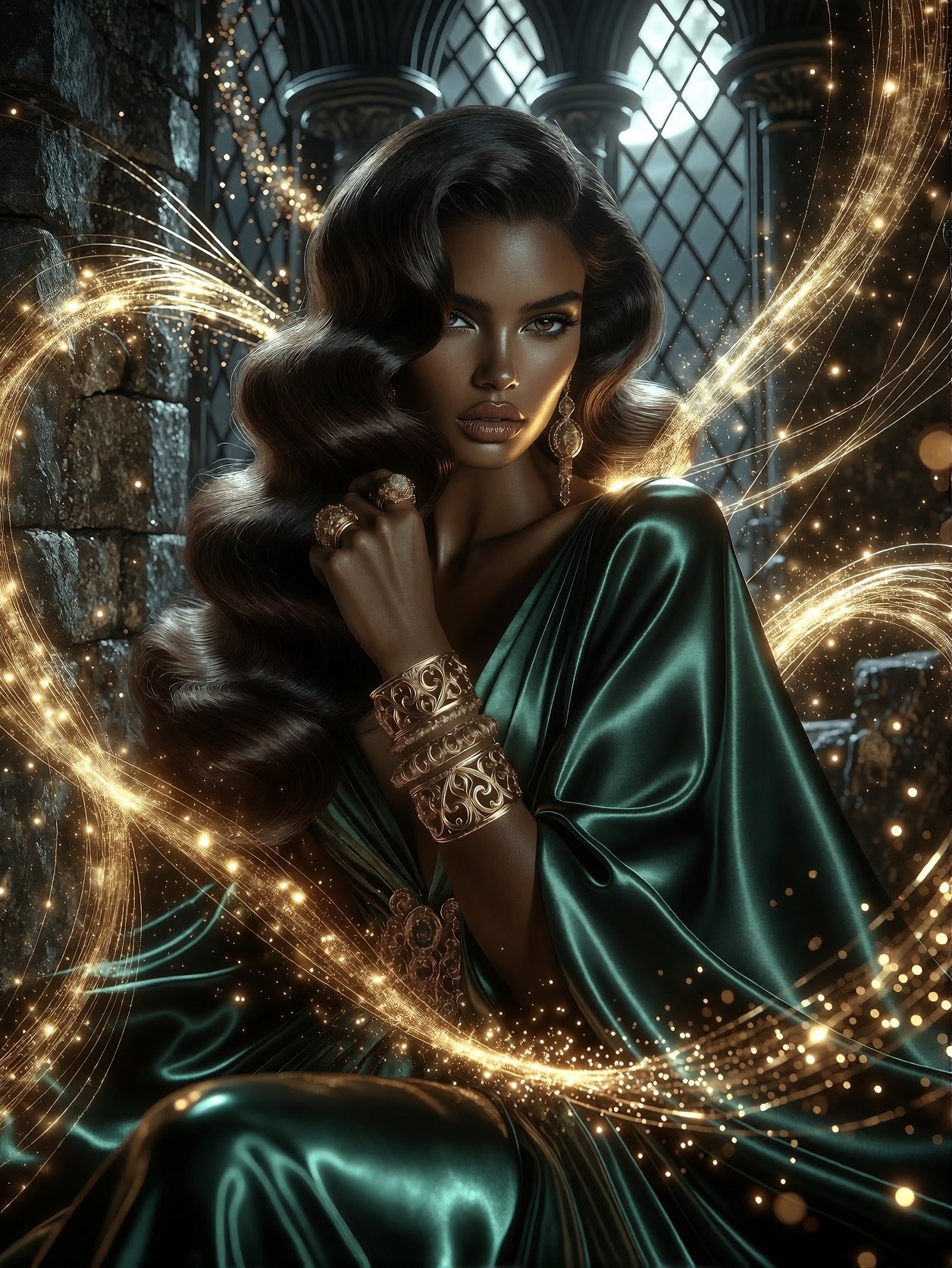 Ethereal Woman in Golden Threaded Ruin — AI generated image