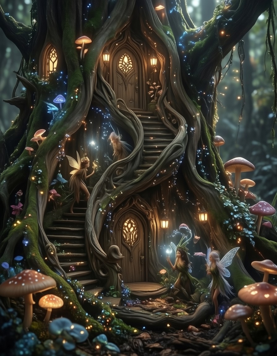 Glowing Fairy Village in Hollow Tree — AI generated image