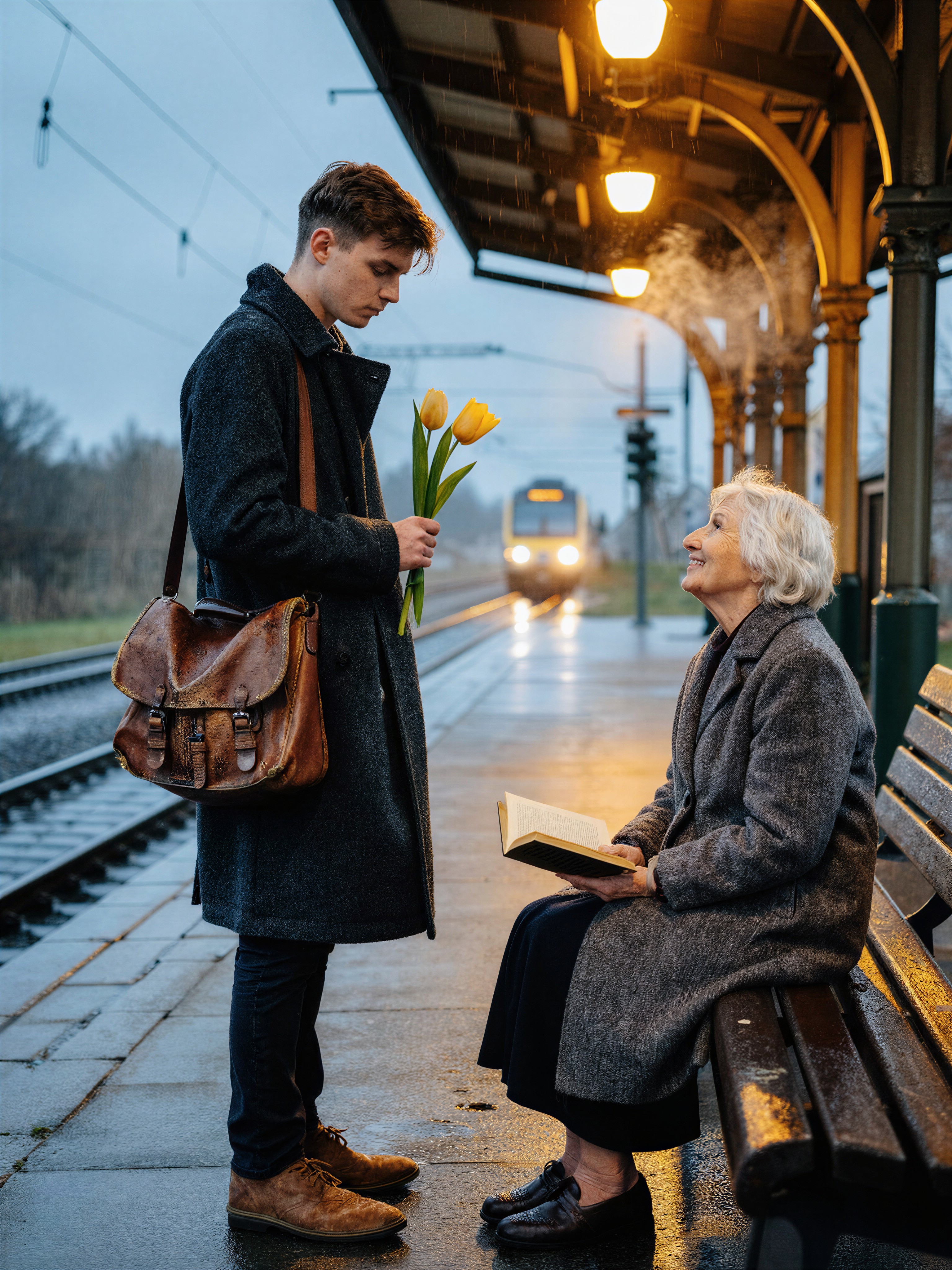 Twilight Train Station Encounter — AI generated image