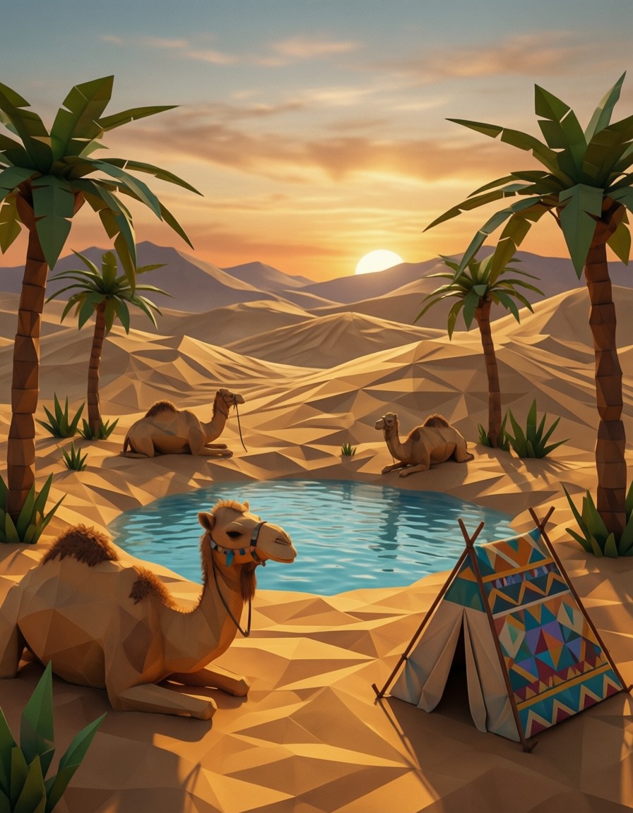 Low Poly Desert Oasis with Geometric Elements — AI generated image