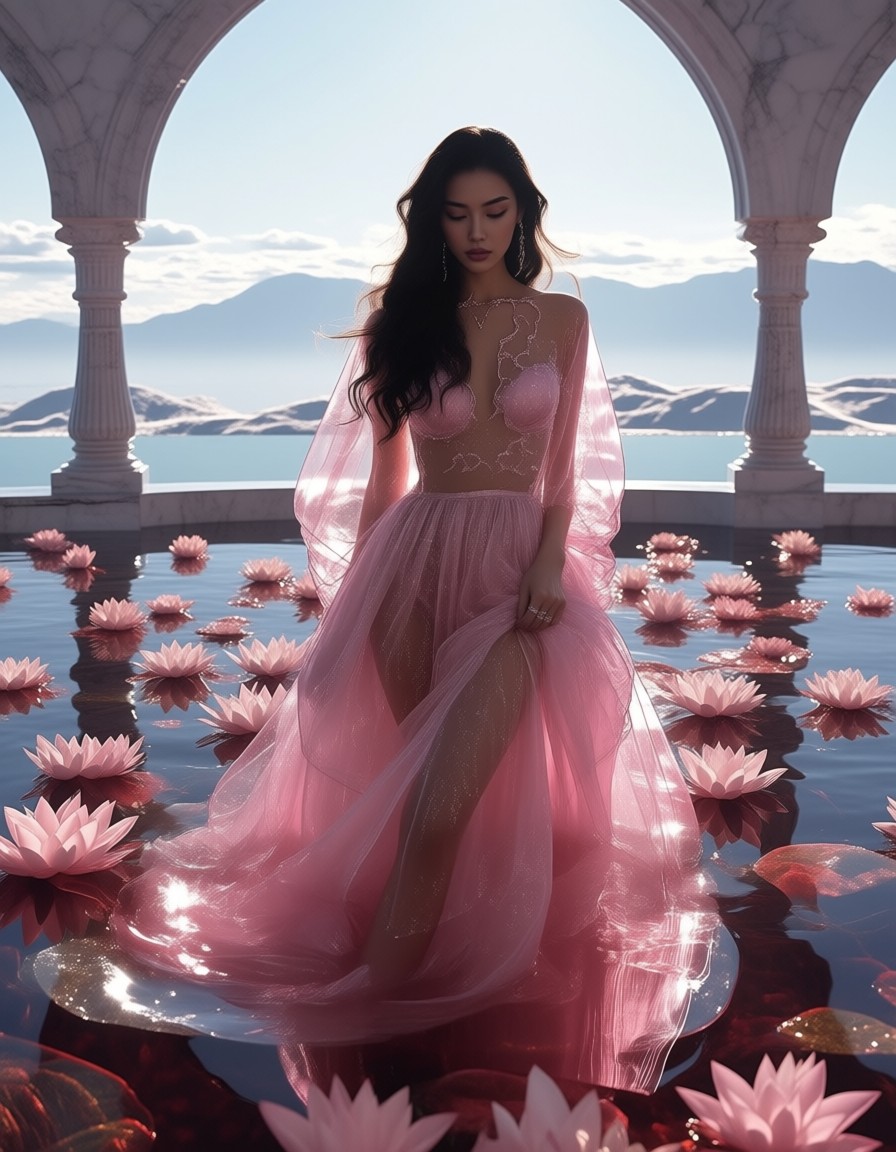 Ethereal Woman in Silk Gown Over Lotus Pool — AI generated image
