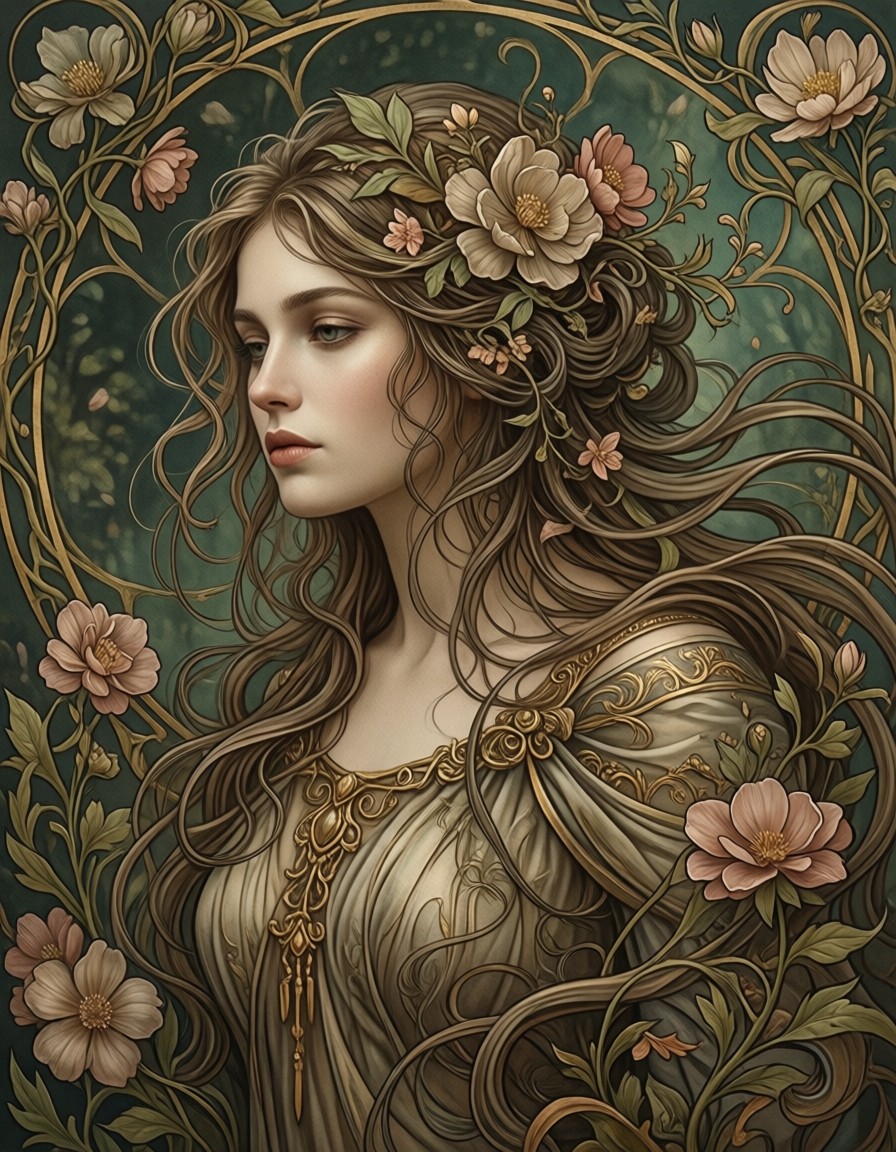 Elegant Floral Woman in Art Nouveau Style — AI generated image