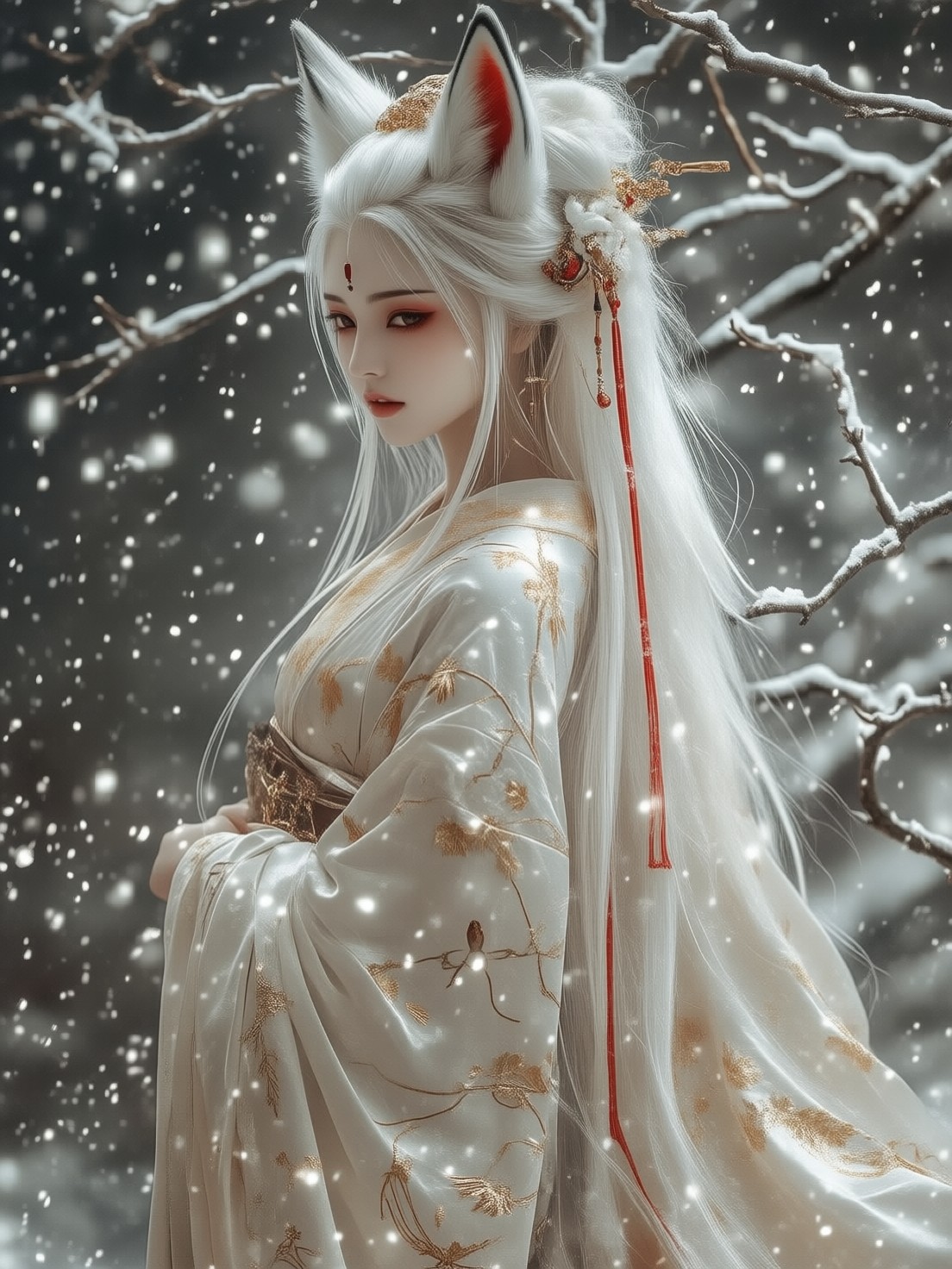 Ethereal Japanese Figure in Snowy Landscape — AI generated image
