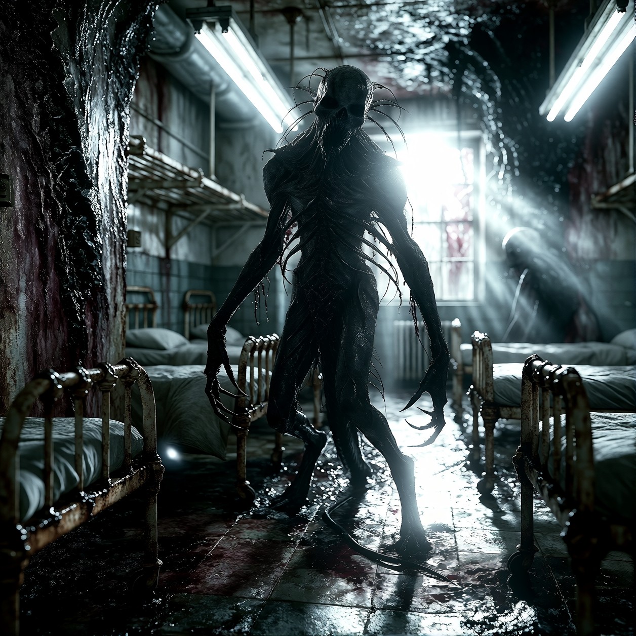 Blinding Fluorescent Horror With Distorted Creature — AI generated image