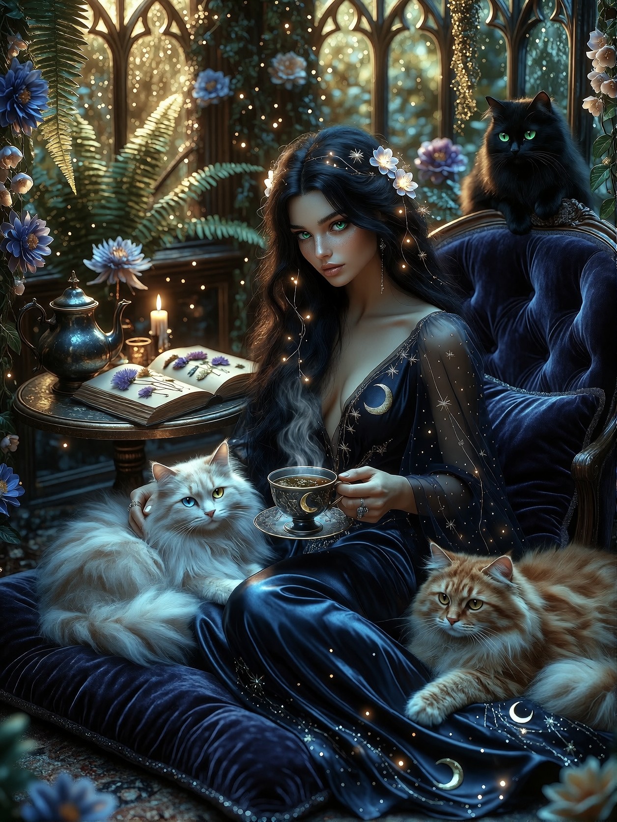 Raven-Haired Woman in Enchanted Conservatory — AI generated image