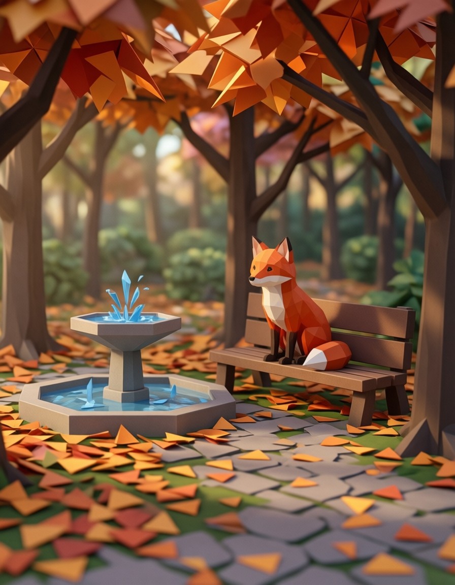 Low Poly Park Scene with Red Fox and Angular Fountain — AI generated image