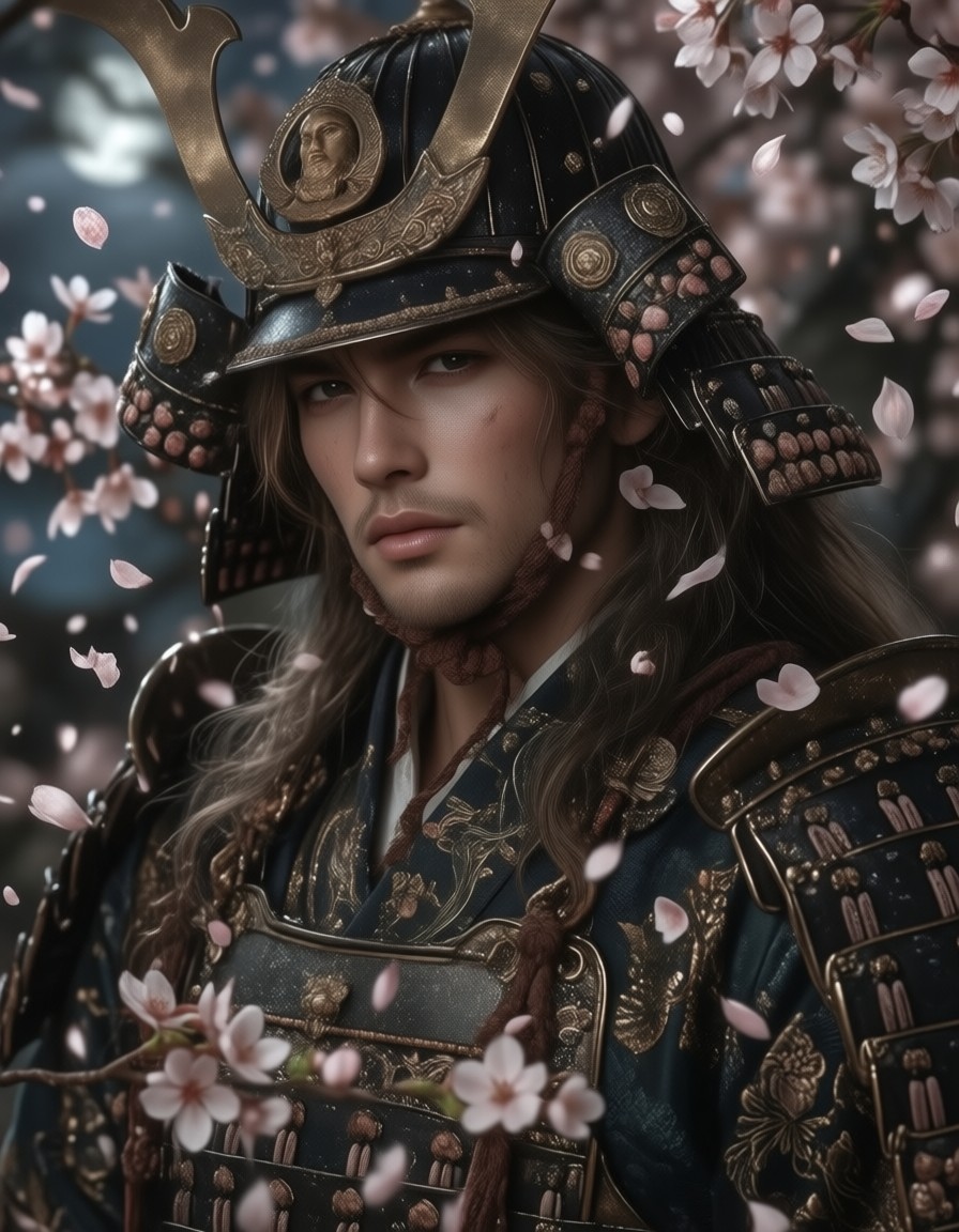Stoic Samurai in Moonlit Blossom — AI generated image
