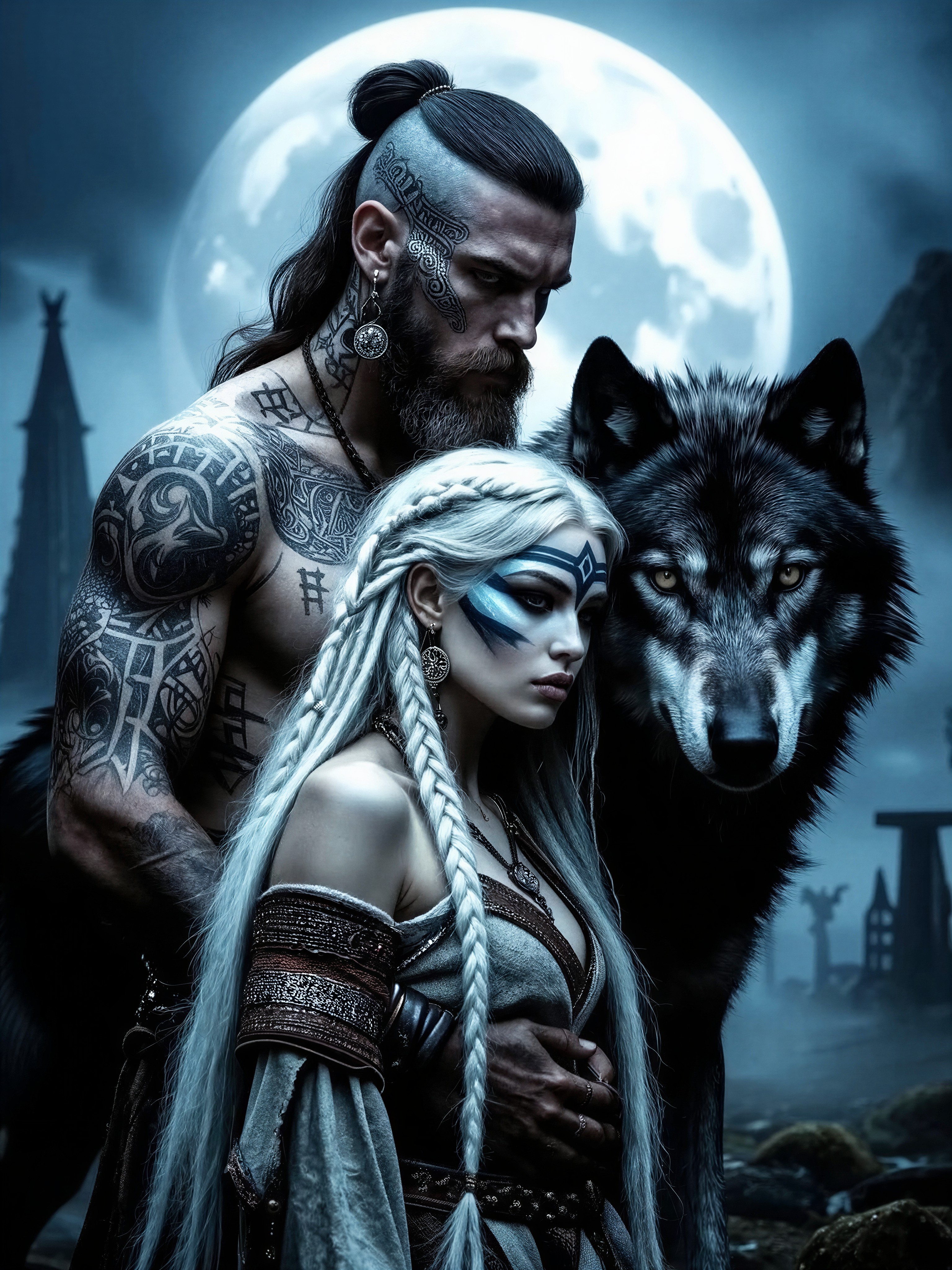 Viking Warrior Couple in Dark Fantasy Embrace — AI generated image