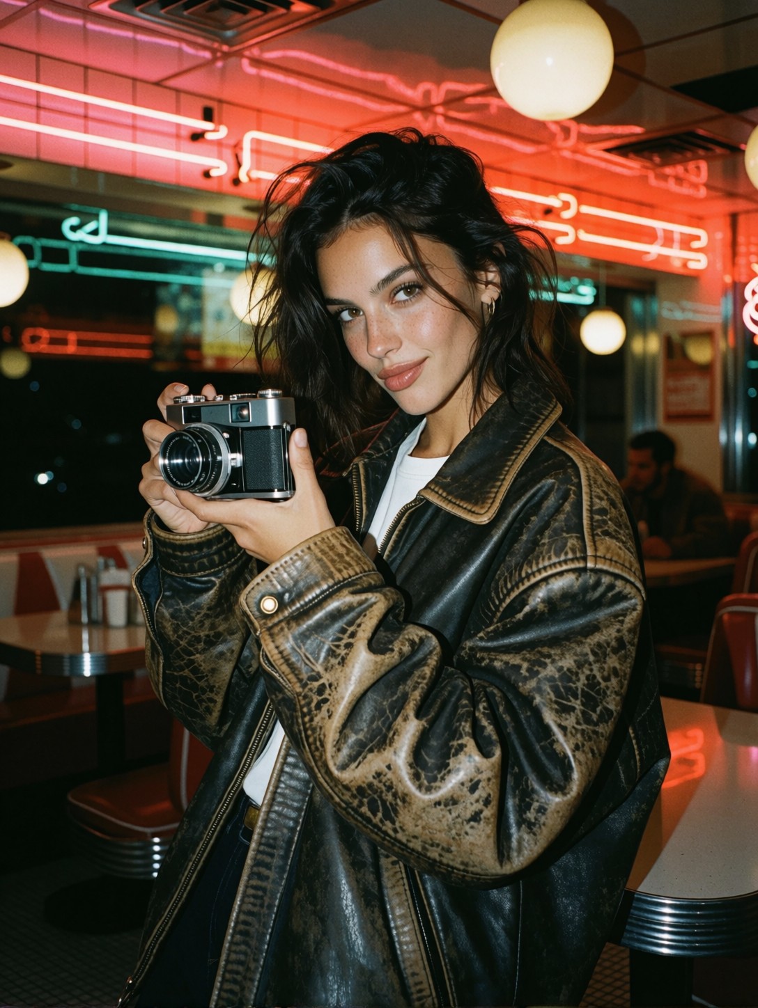 Stylish Woman in Neon Diner — AI generated image