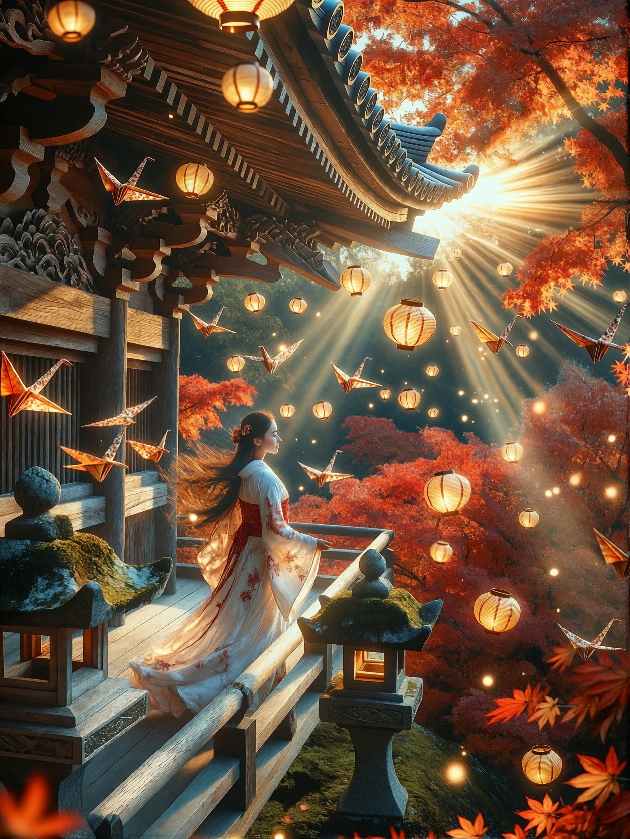 Enchanted Miko in Autumn Kyoto Temple — AI generated image