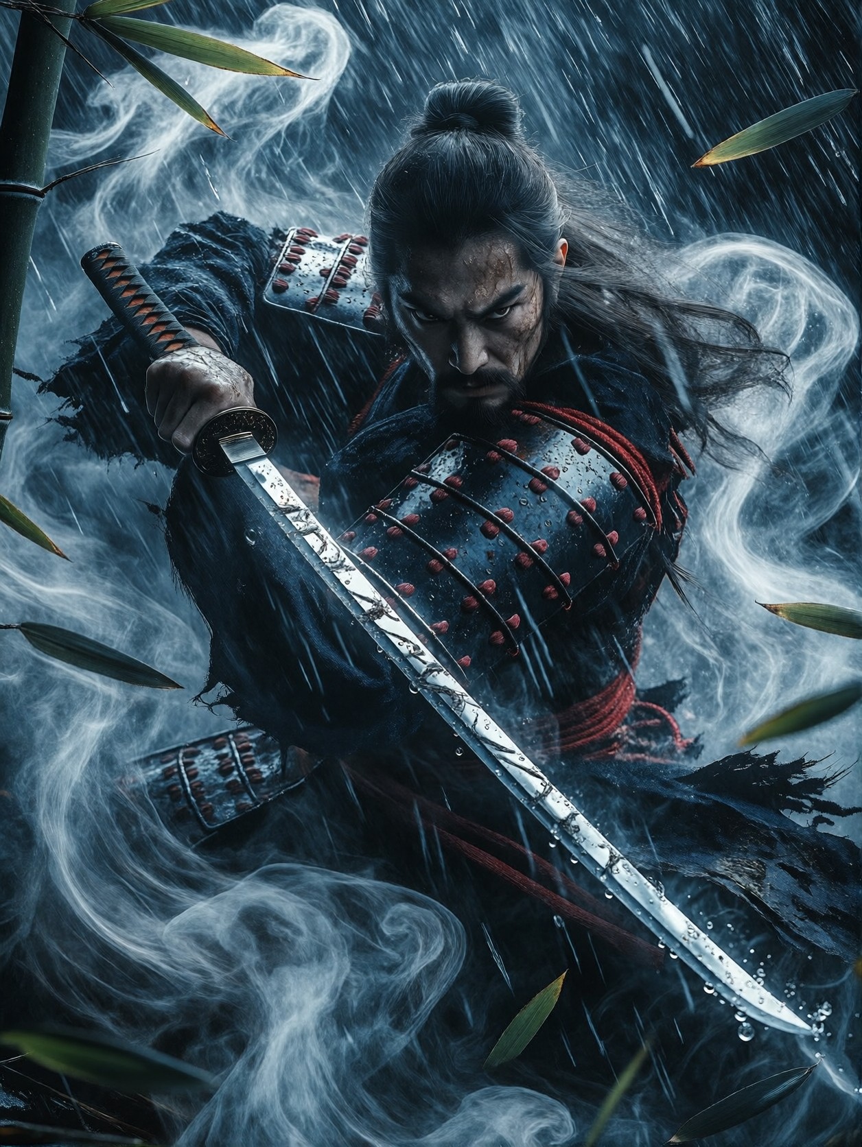 Japanese Warrior in Rain-Slicked Bamboo Forest — AI generated image