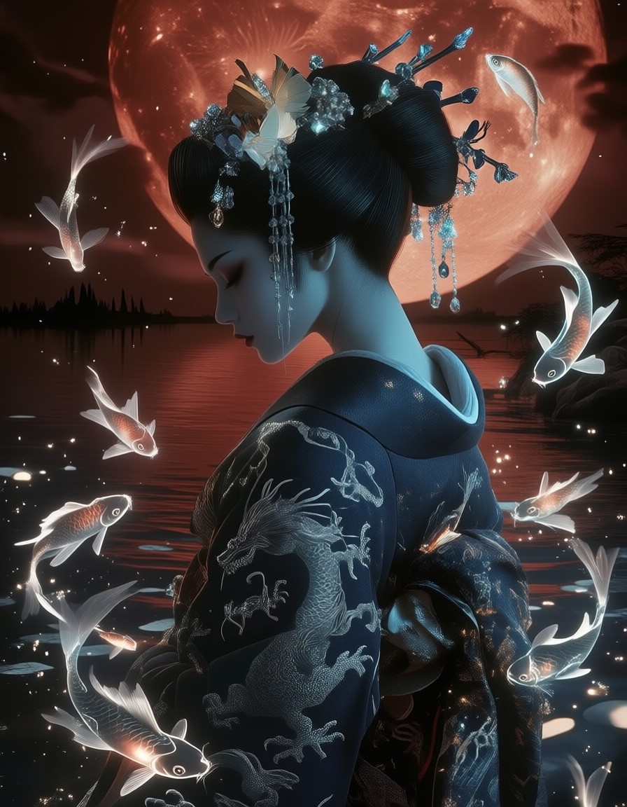 Graceful Geisha in Shadow Dance — AI generated image