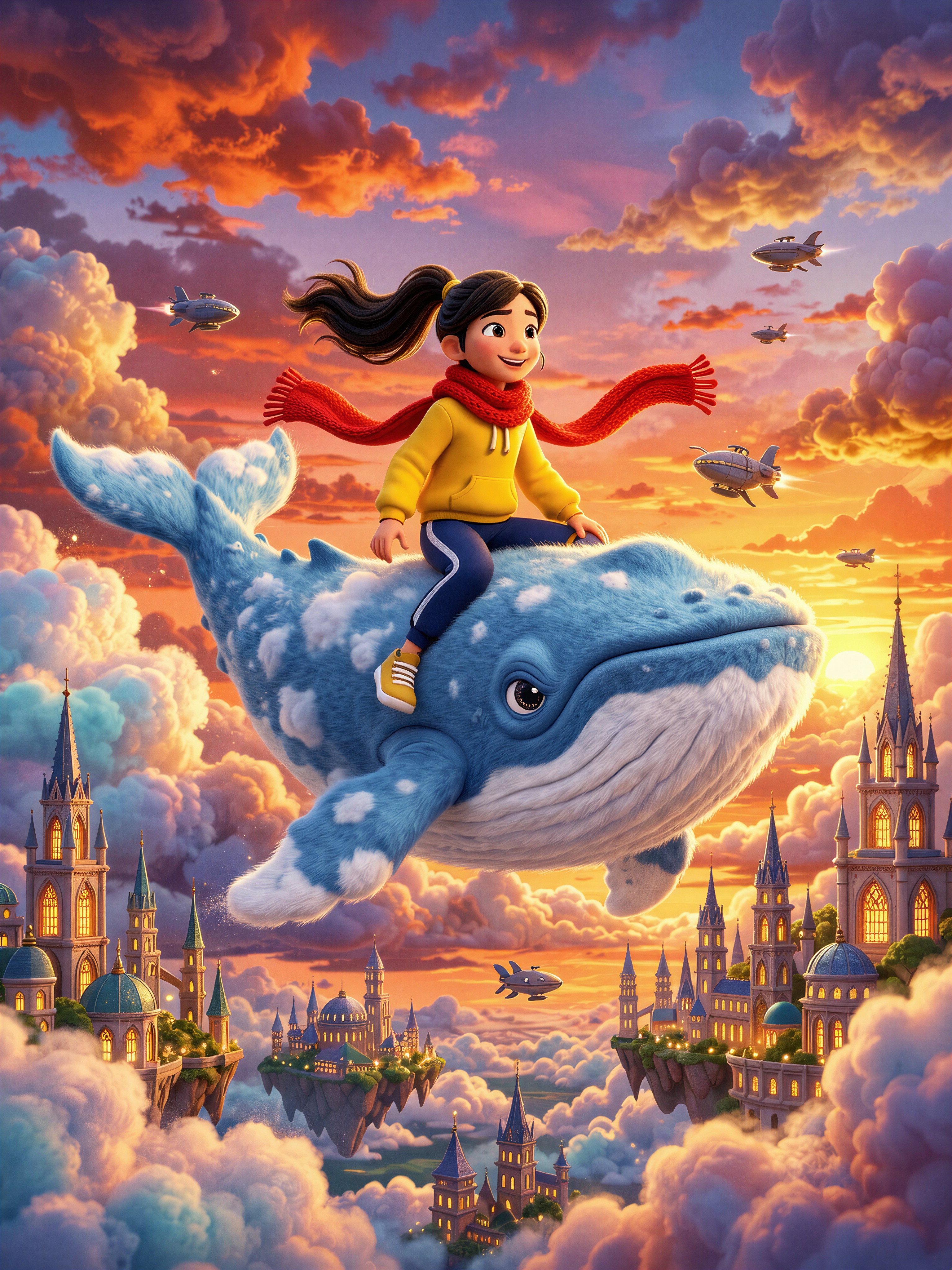 Adventurous Girl on Sky Whale — AI generated image