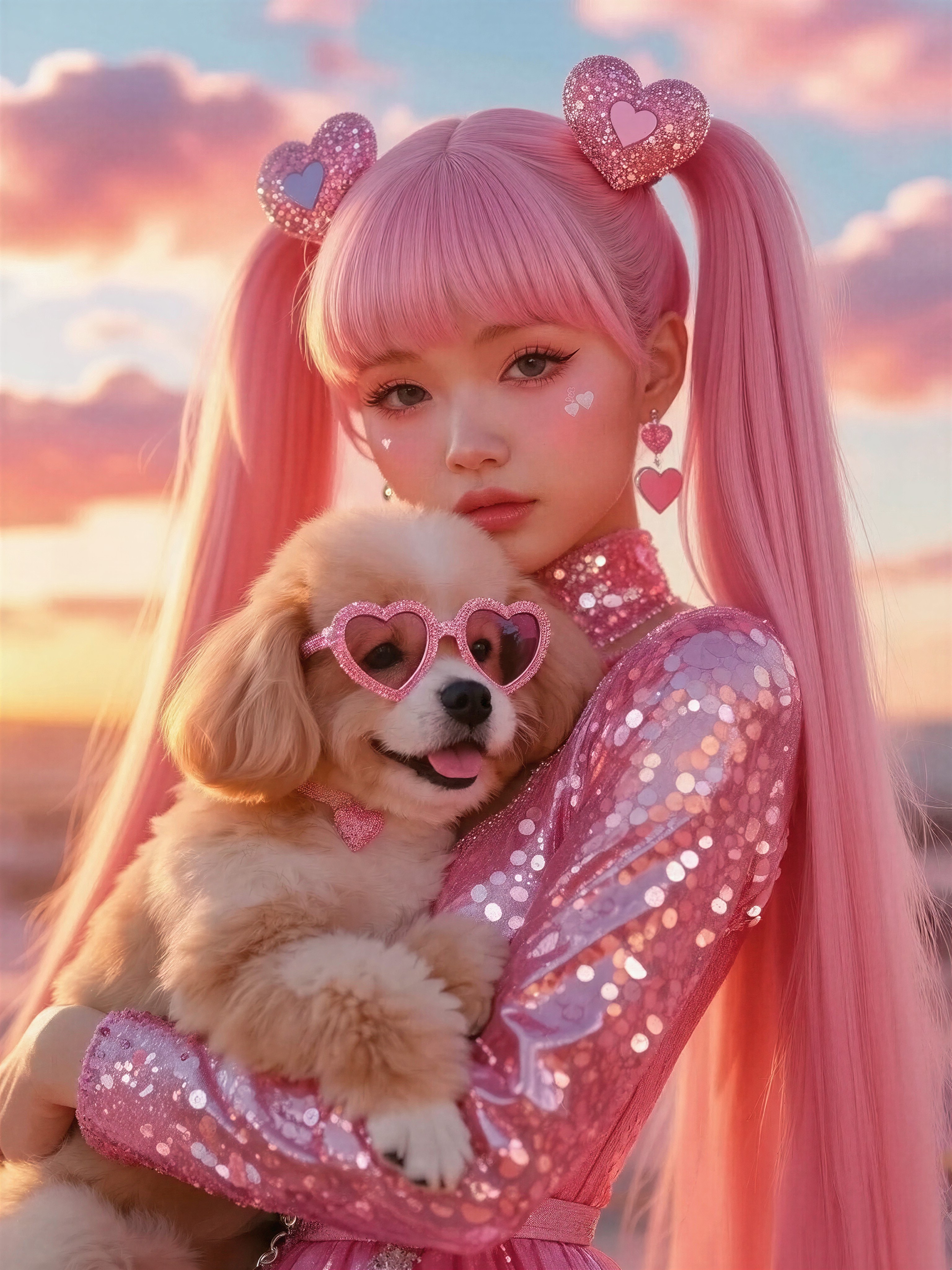 Kawaii Pink Ponytail with Fluffy Dog — AI generated image