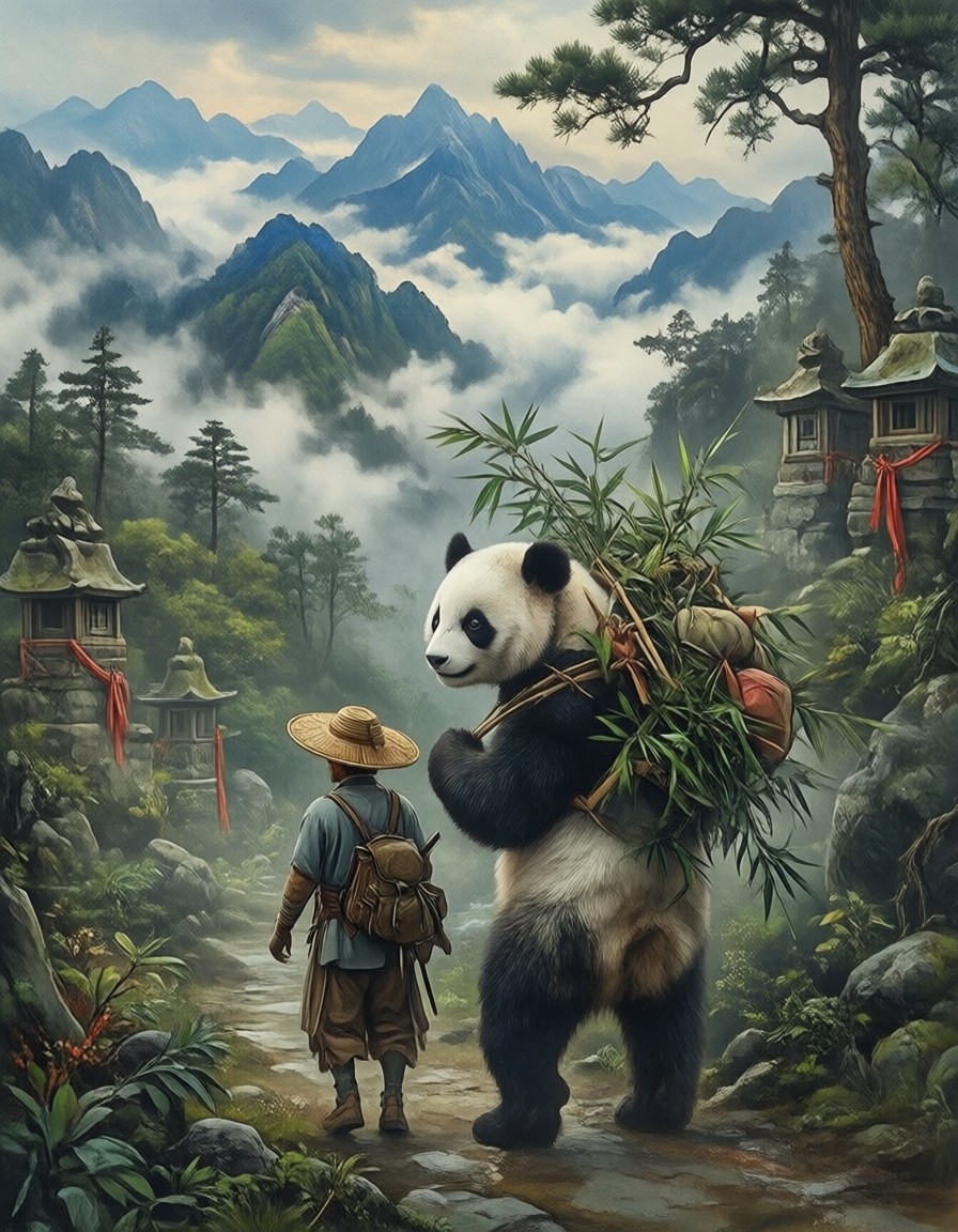 Whimsical Traveler and Panda on Misty Mountain Path — AI generated image