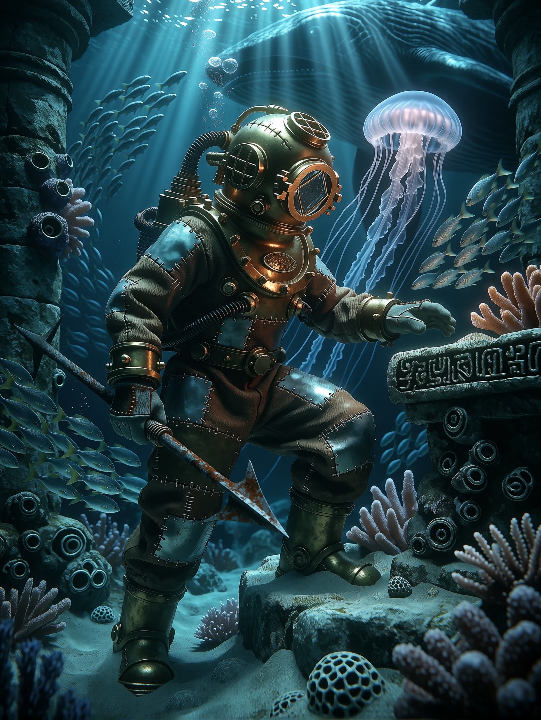 Deep Sea Diver At Submerged Temple — AI generated image
