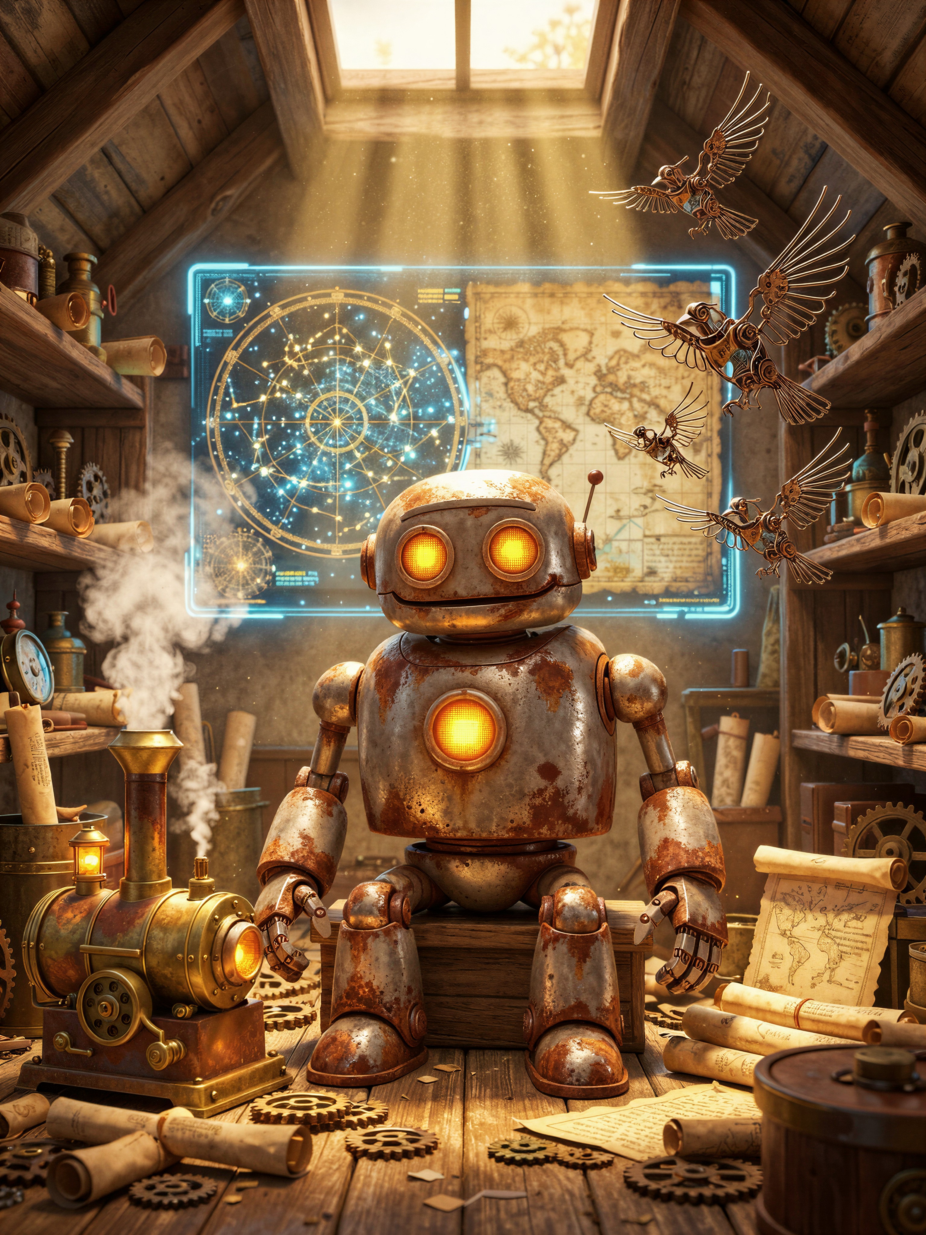 Charming Robot in Steampunk Attic — AI generated image