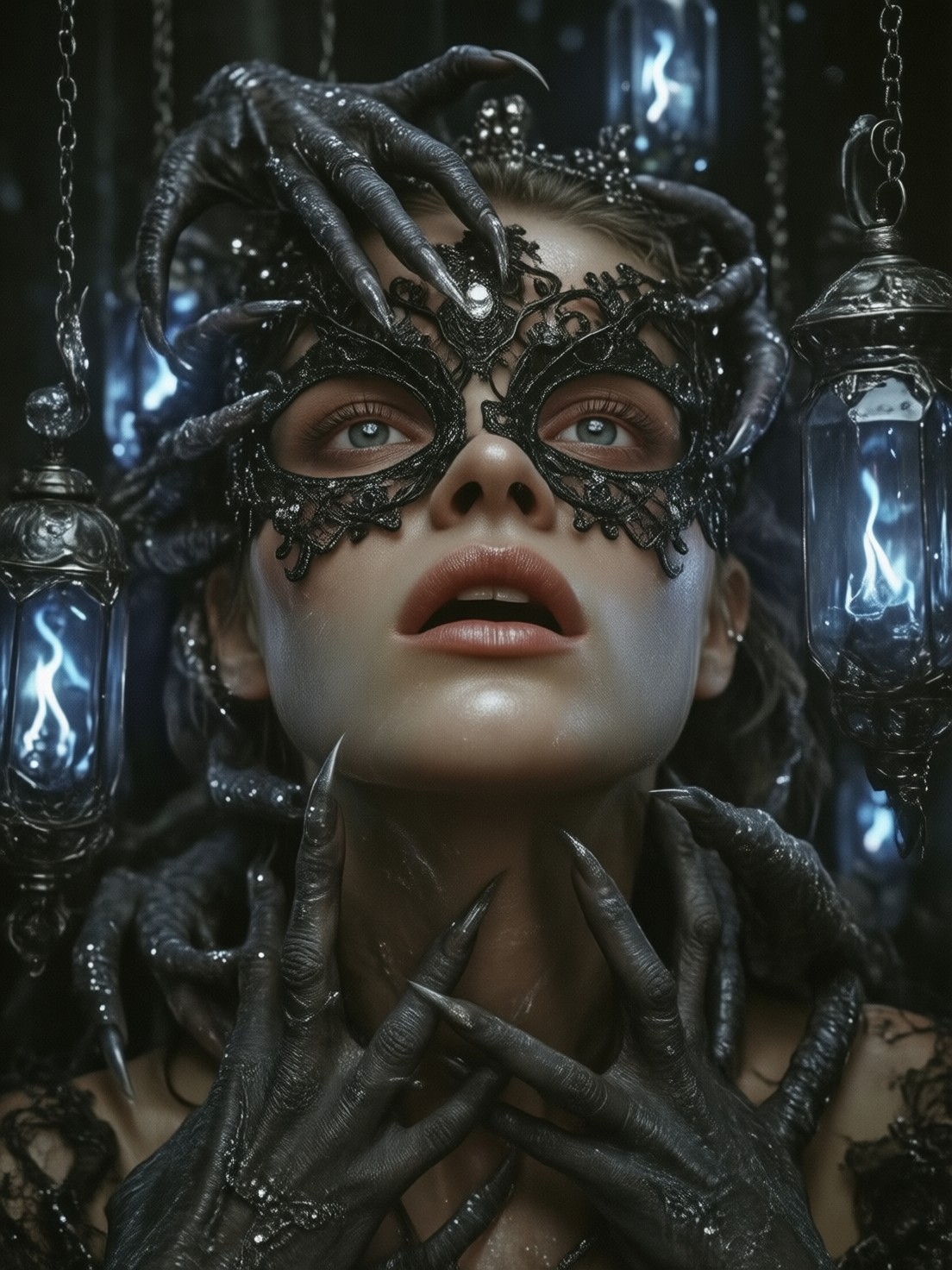 Demonic Hands Enshrouded Masked Woman — AI generated image