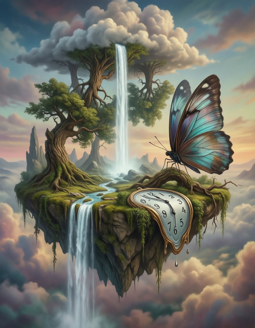 Floating Island with Melting Clock — AI generated image